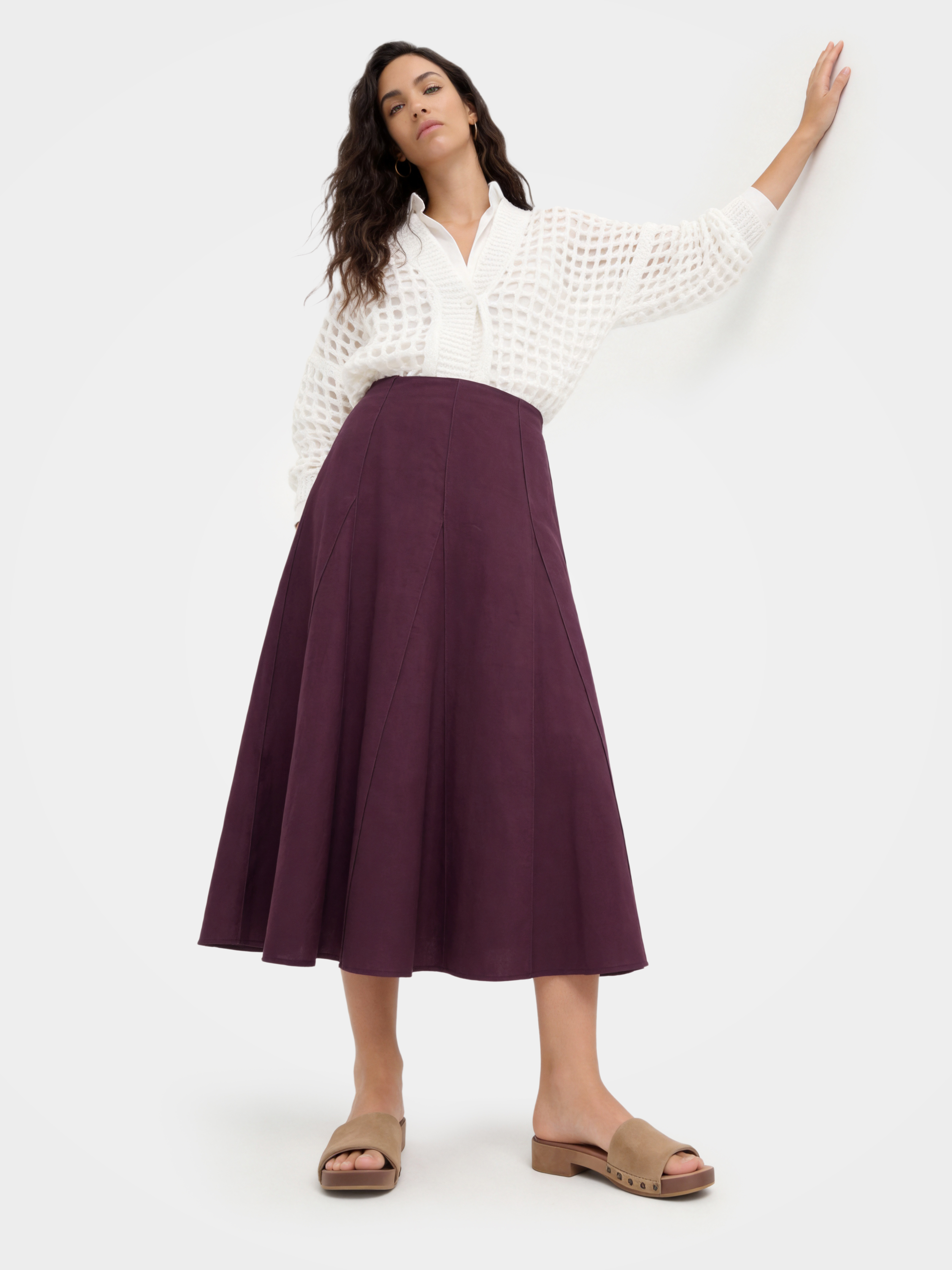 Purple Linen Classic Midi Skirt