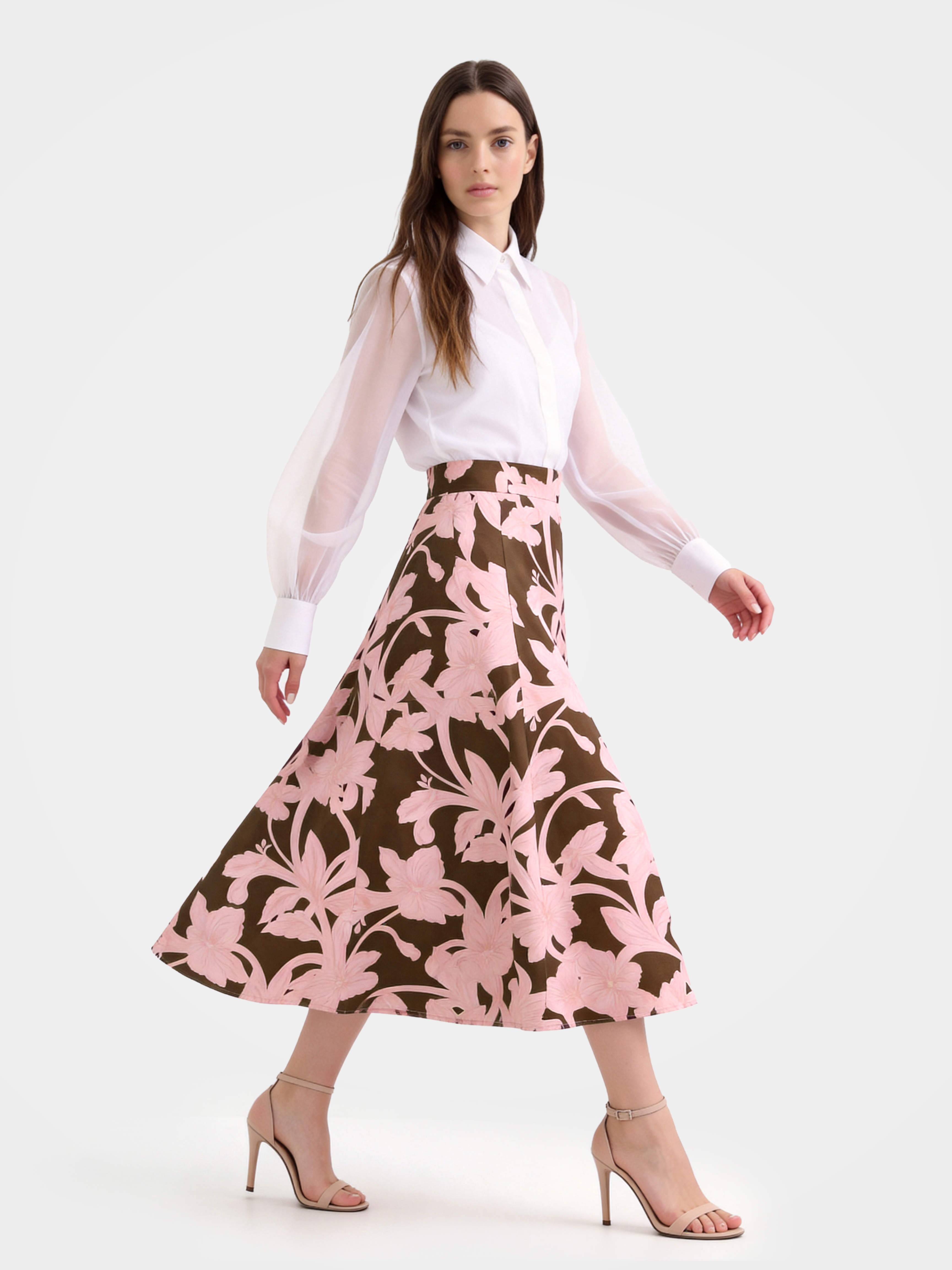 Brown Mulberry Silk Floral Printed Midi Skirt