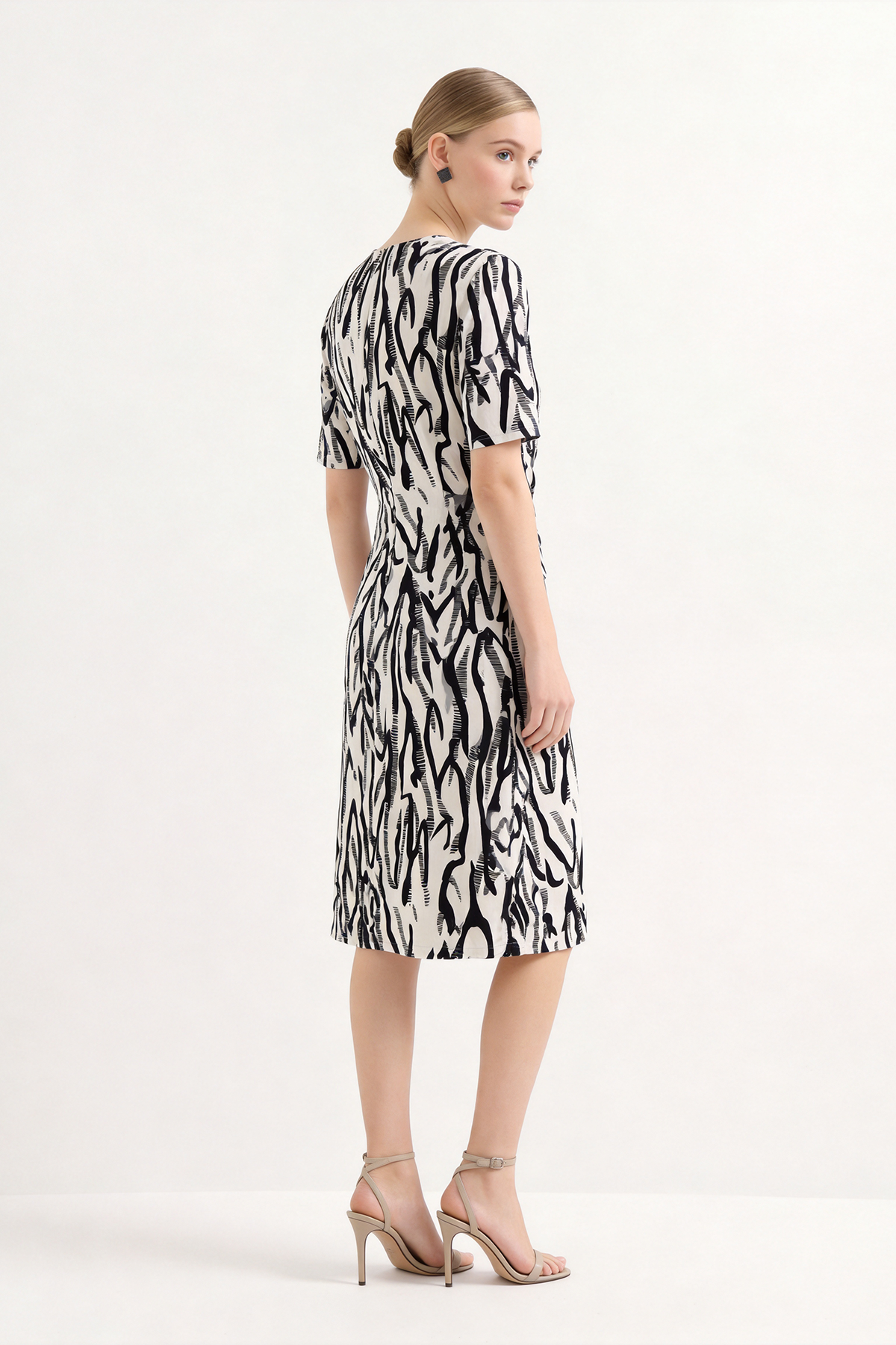 Black Silk Print Knee Length Wrap Dress