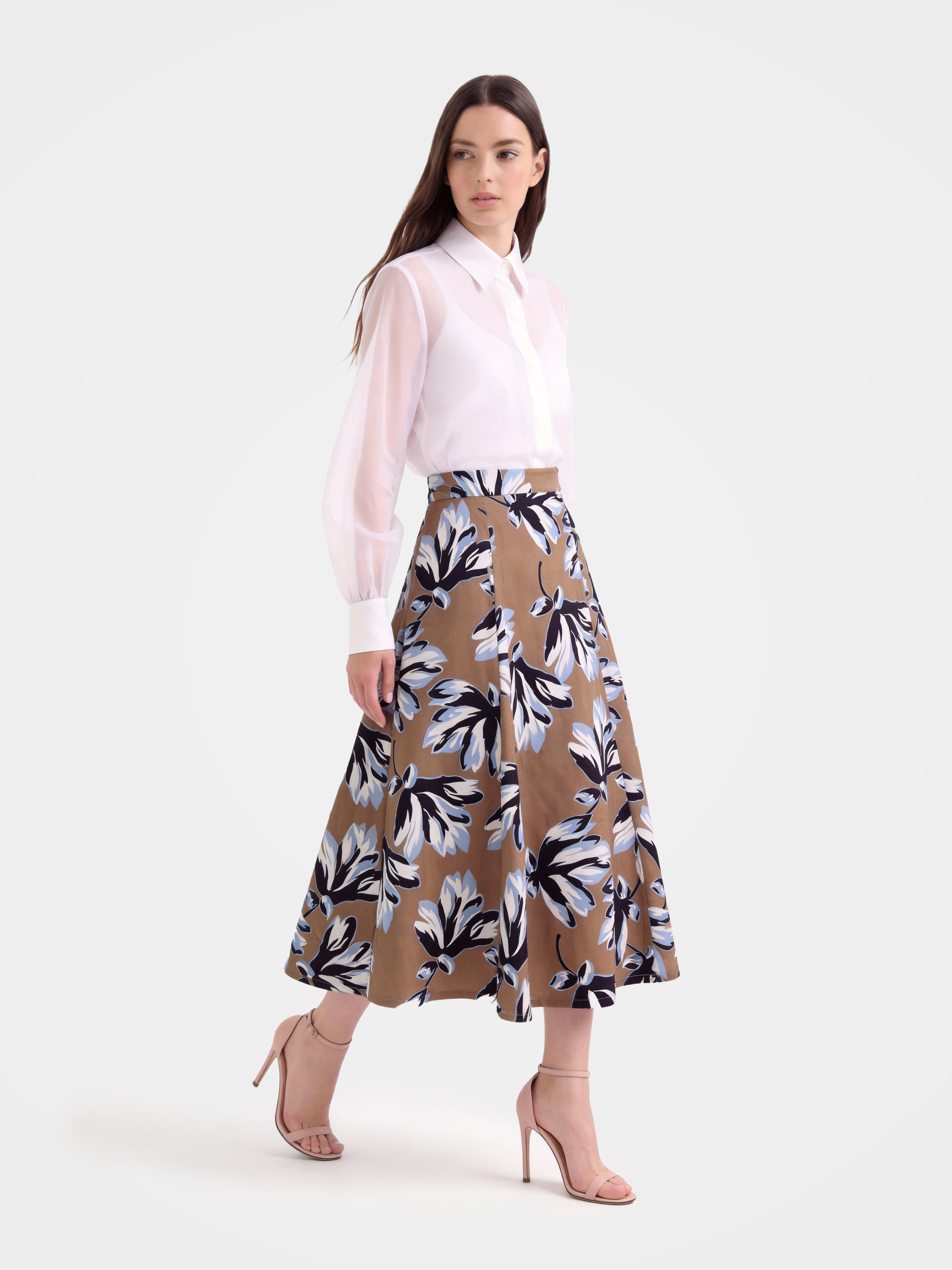 Brown Mulberry Silk Floral Printed Midi Skirt