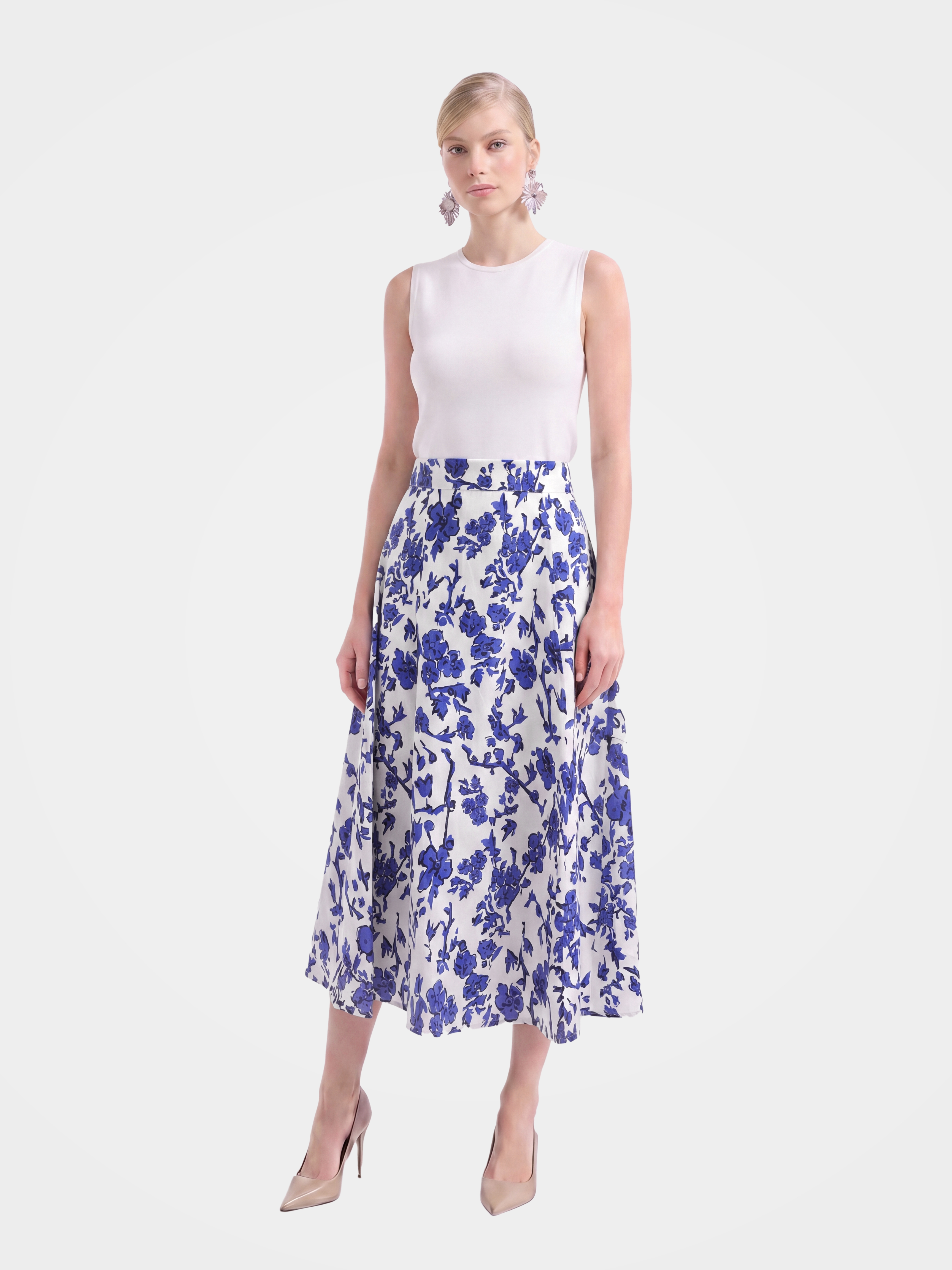 Blue Mulberry Silk Floral Printed Midi Skirt