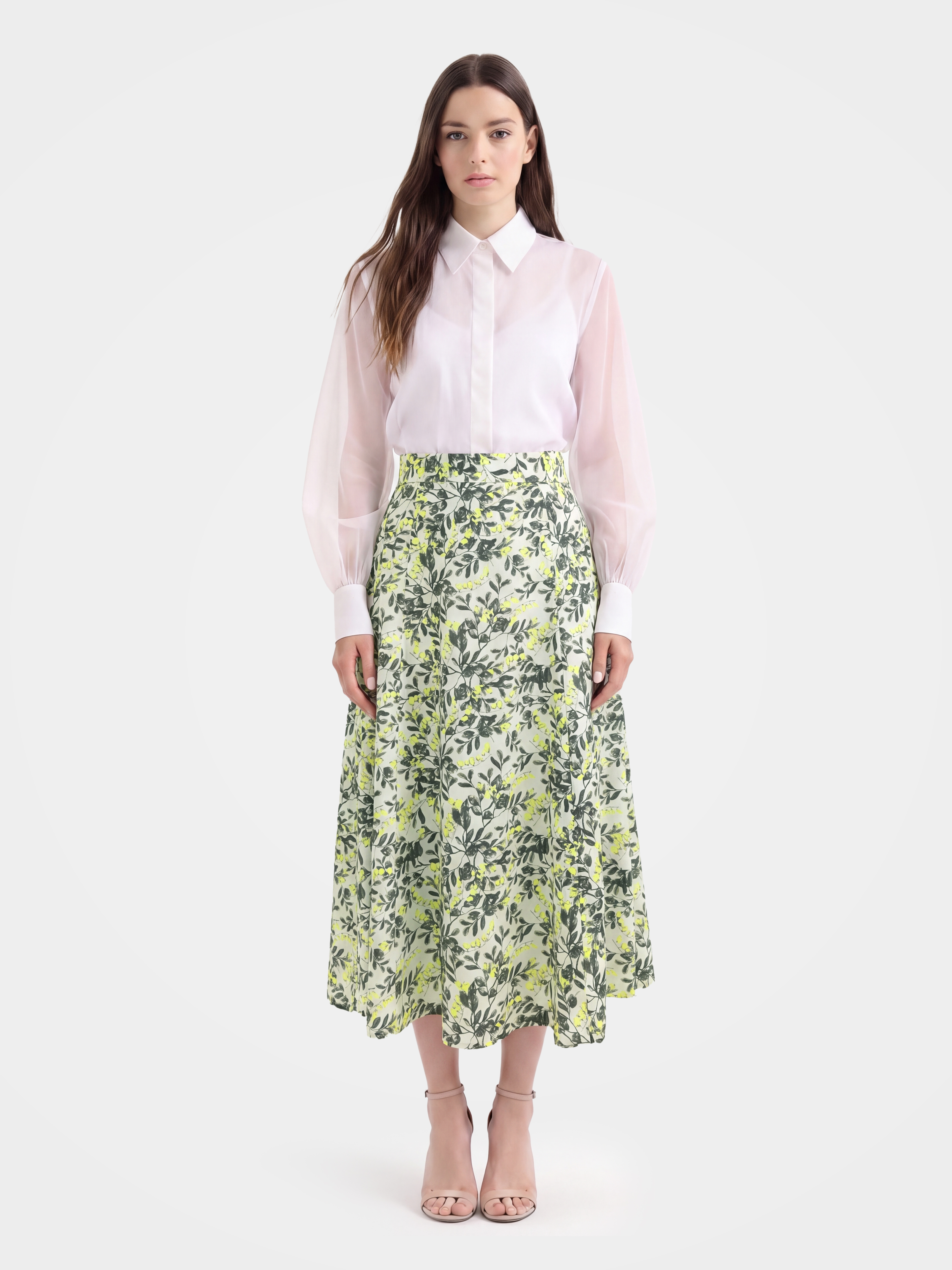 Green Mulberry Silk Floral Printed Midi Skirt