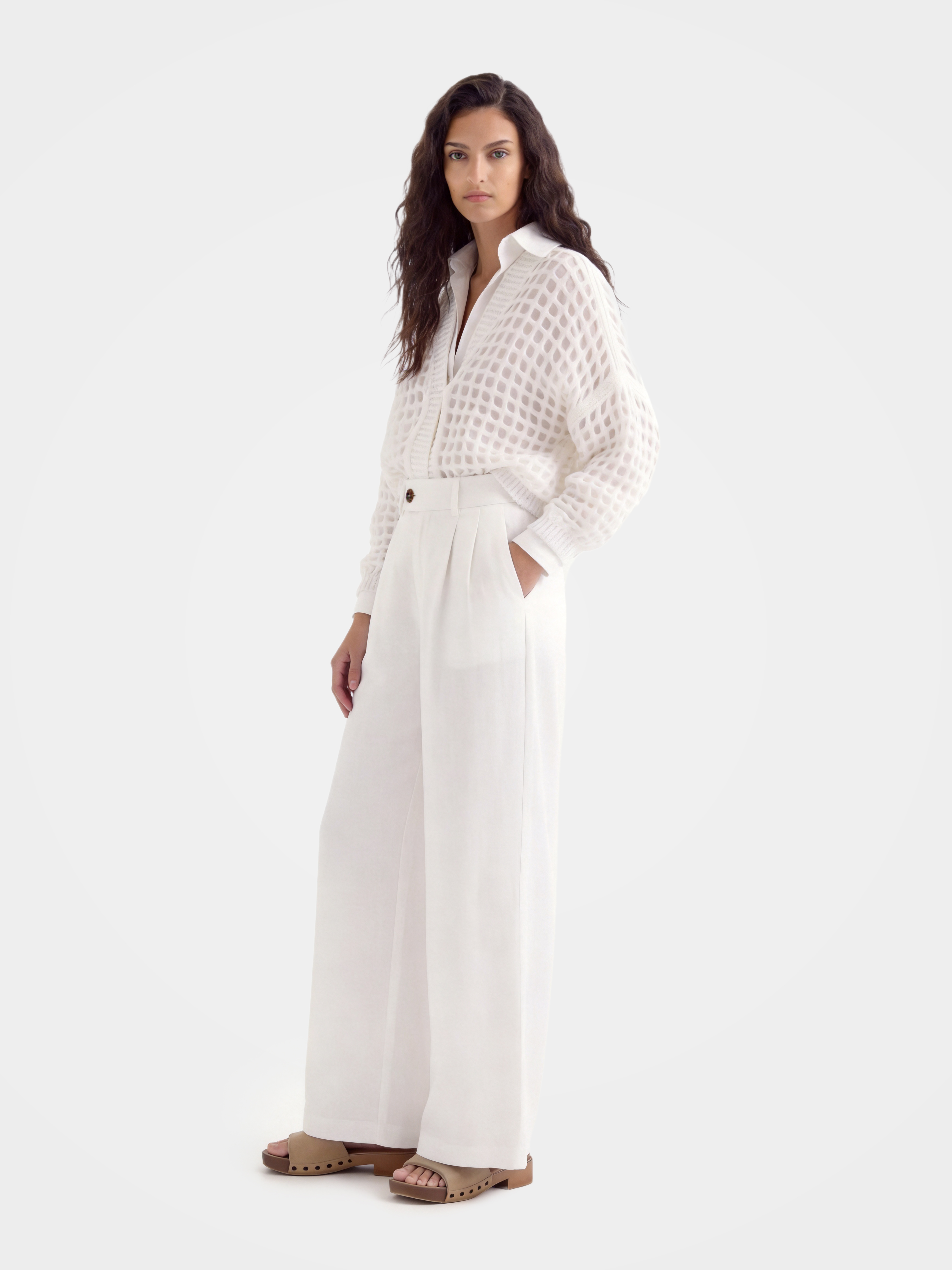 Breathable White Wide Leg Pant with Pockets