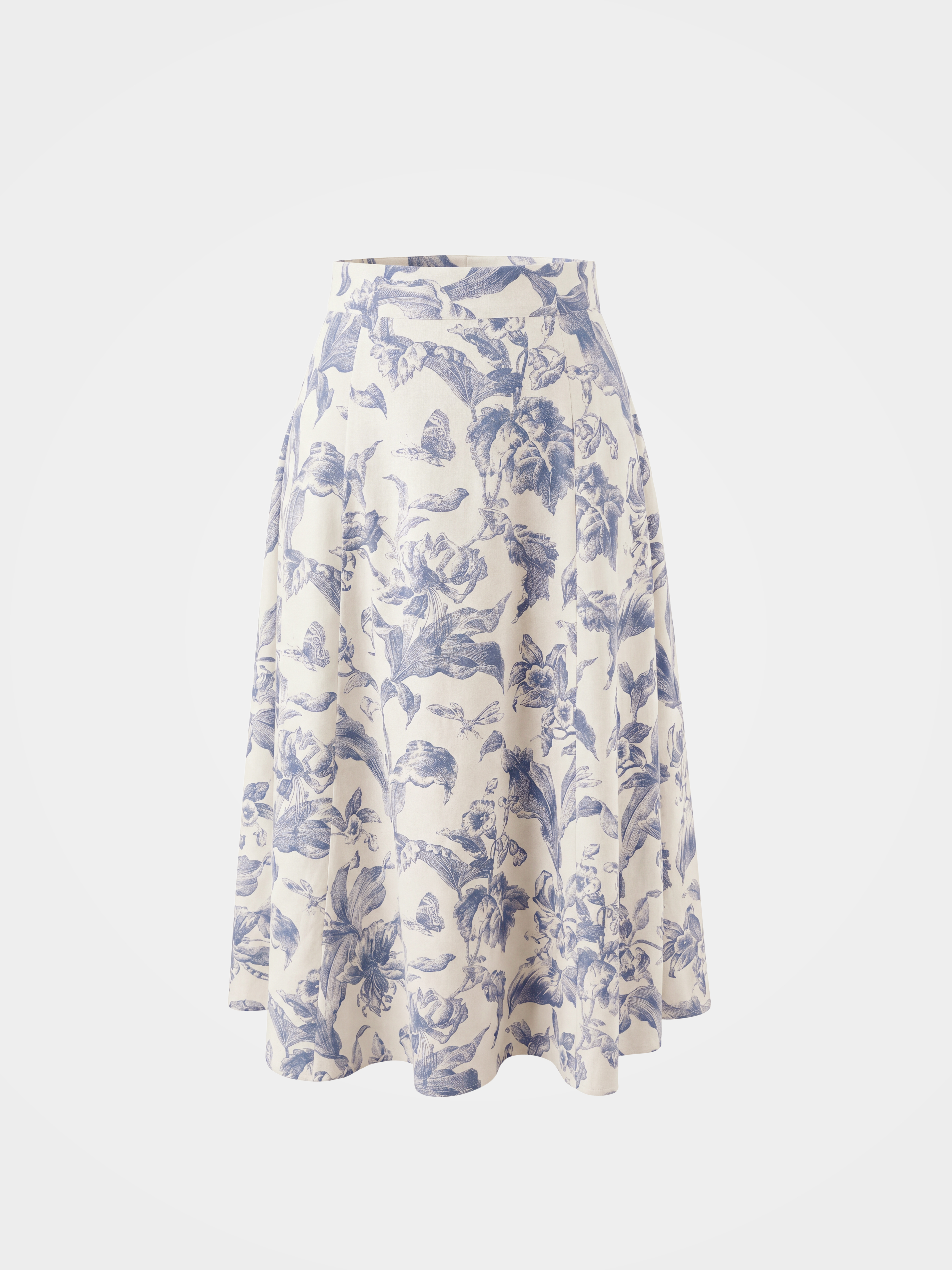 Biege Lyocell Silk Floral Printed Midi Skirt