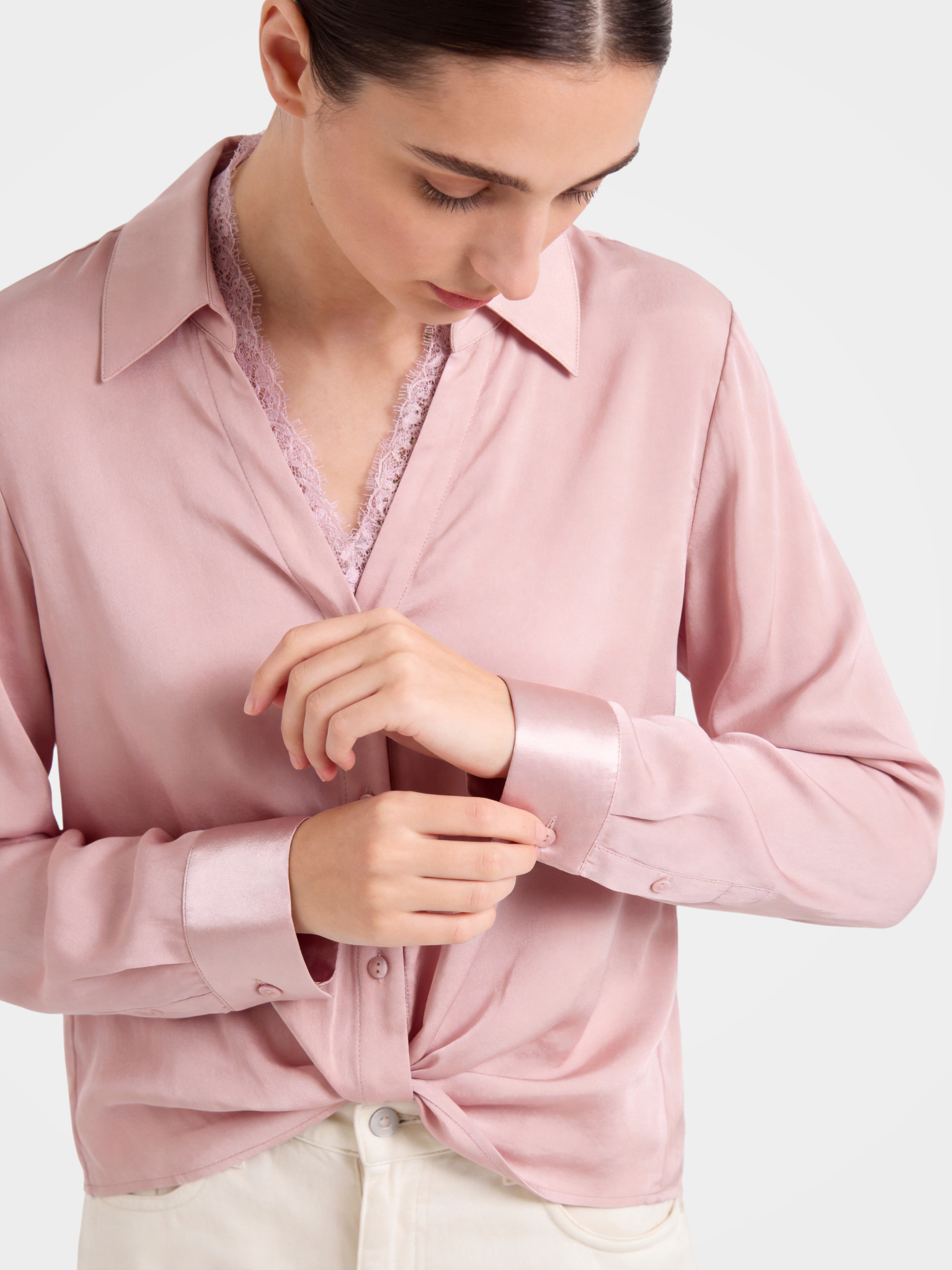 Smooth Mulberry Silk Lace Trim Button Shirt