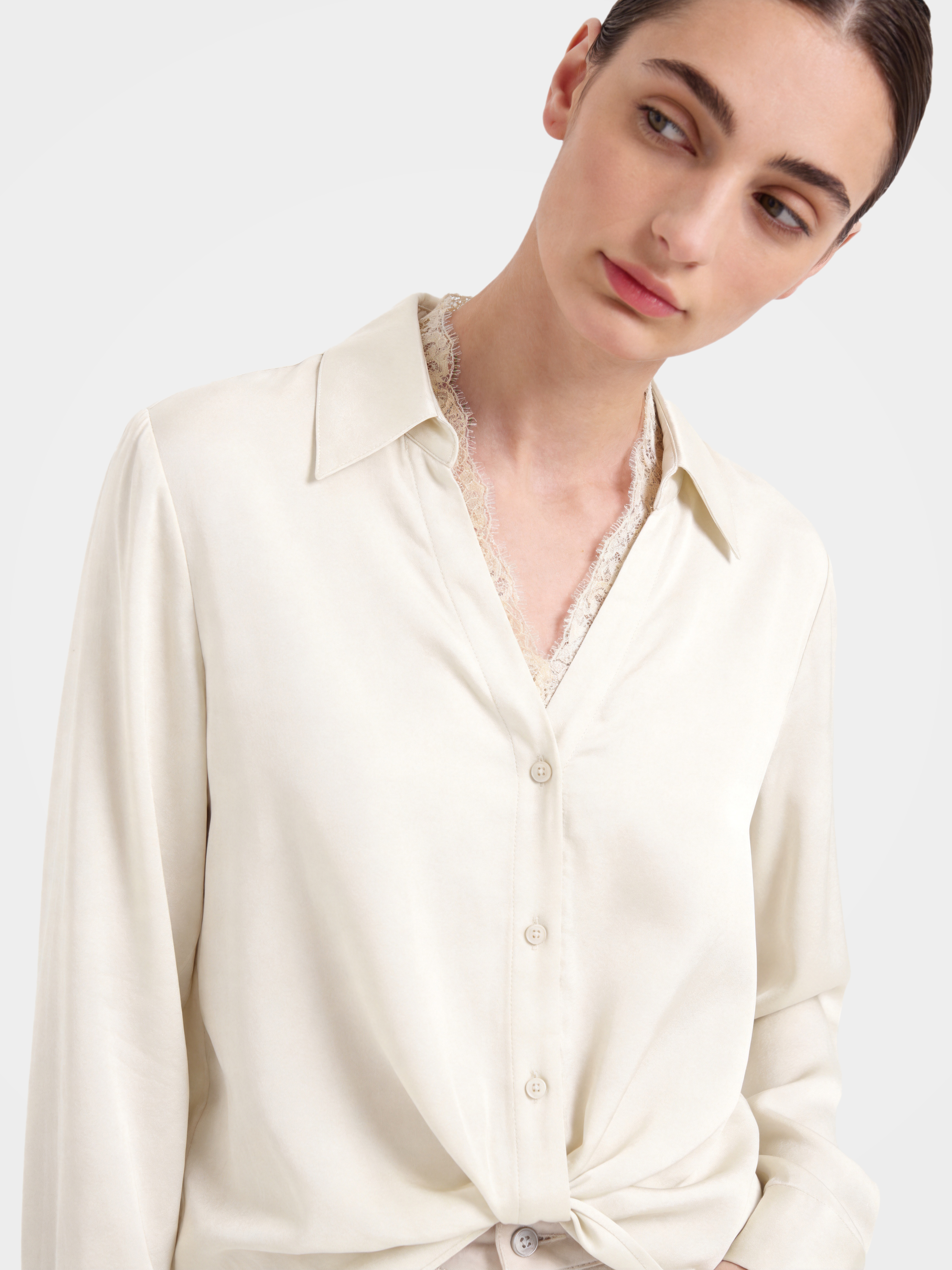 Smooth Mulberry Silk Lace Trim Button Shirt