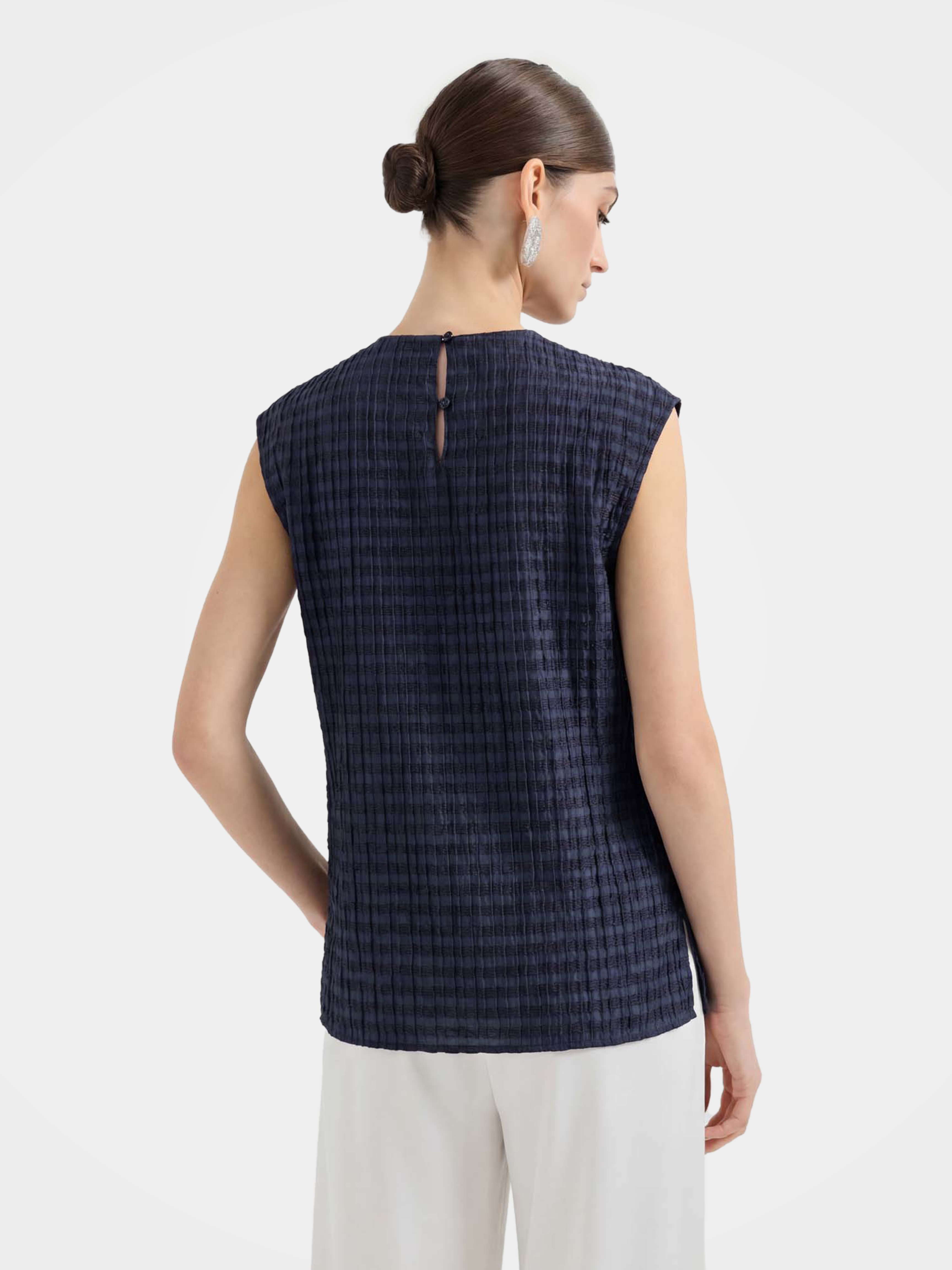 Lightweight Textured Mulberry Silk Blend Plaid Sleeveless Tank Top