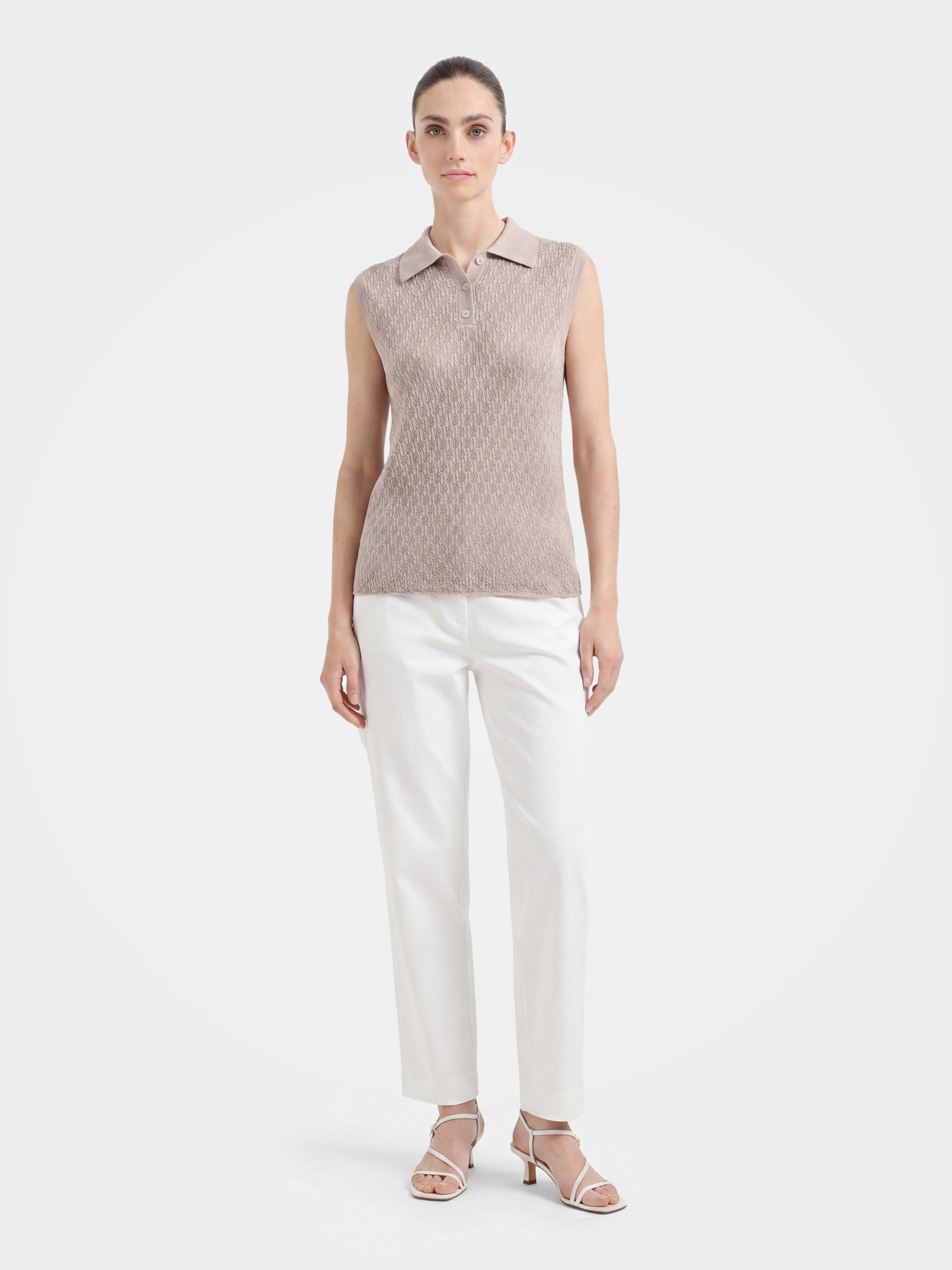 Breathable Cotton Textured Knit Polo Sleeveless Top