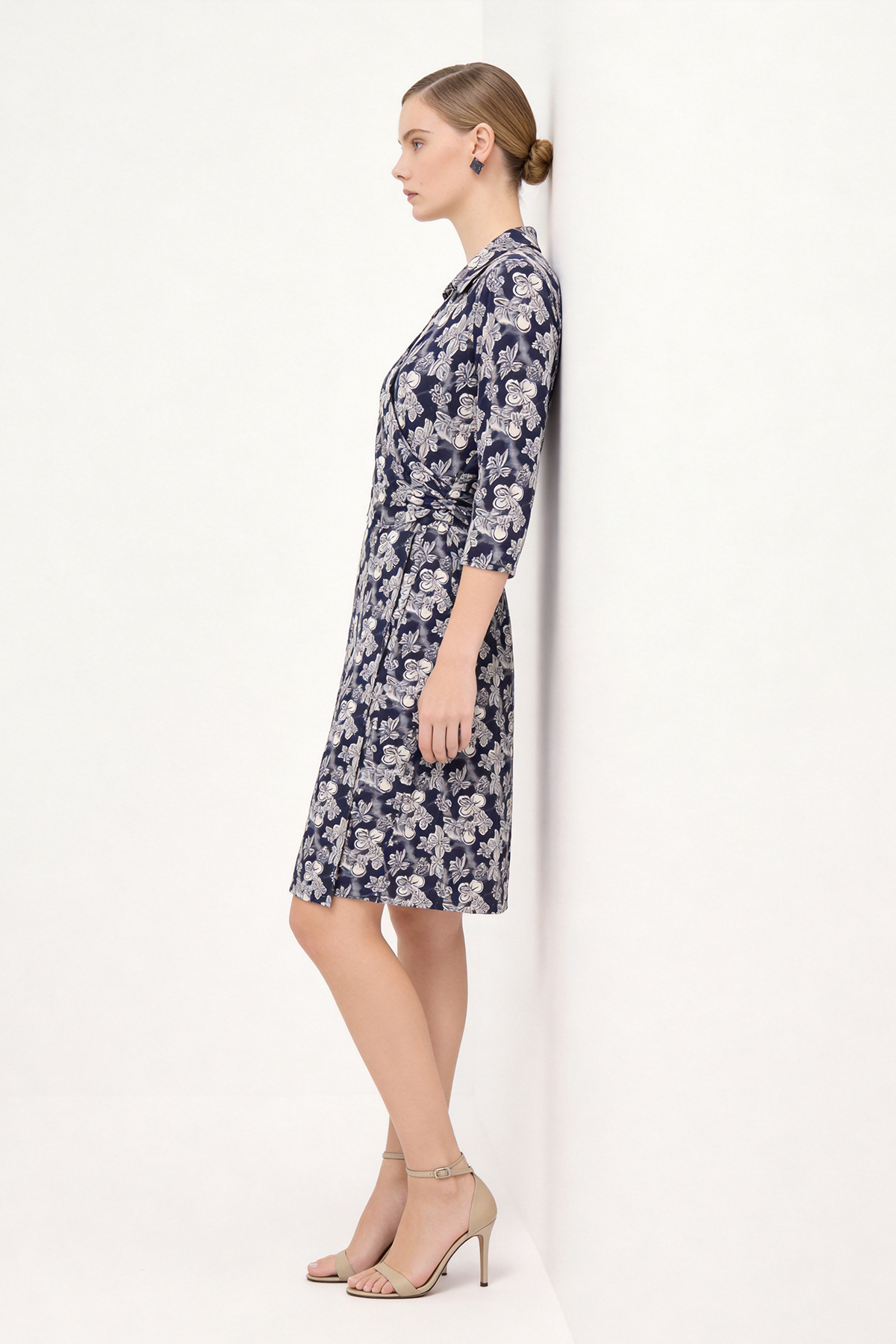Black Silk Shirt Print Knee Length Wrap Dress