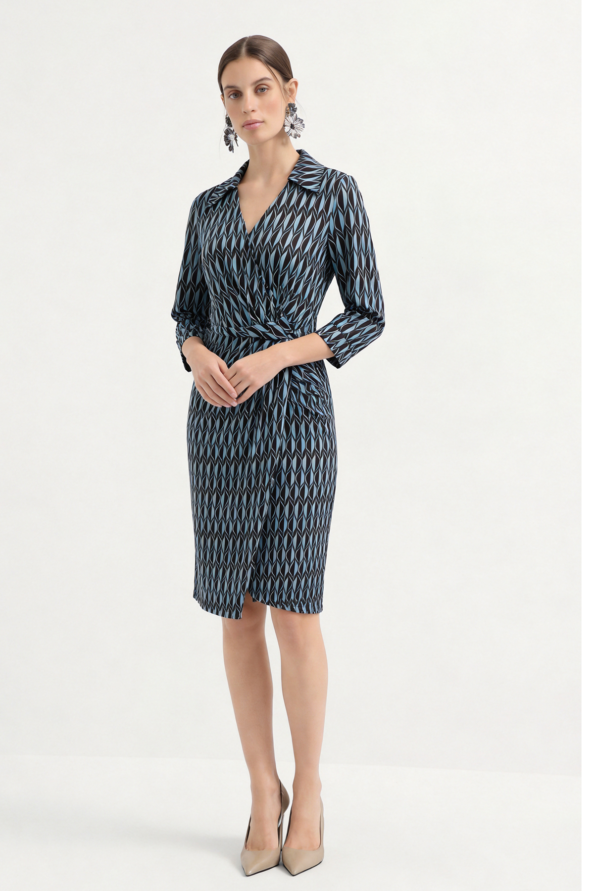 Blue Silk Shirt Print Knee Length Wrap Dress
