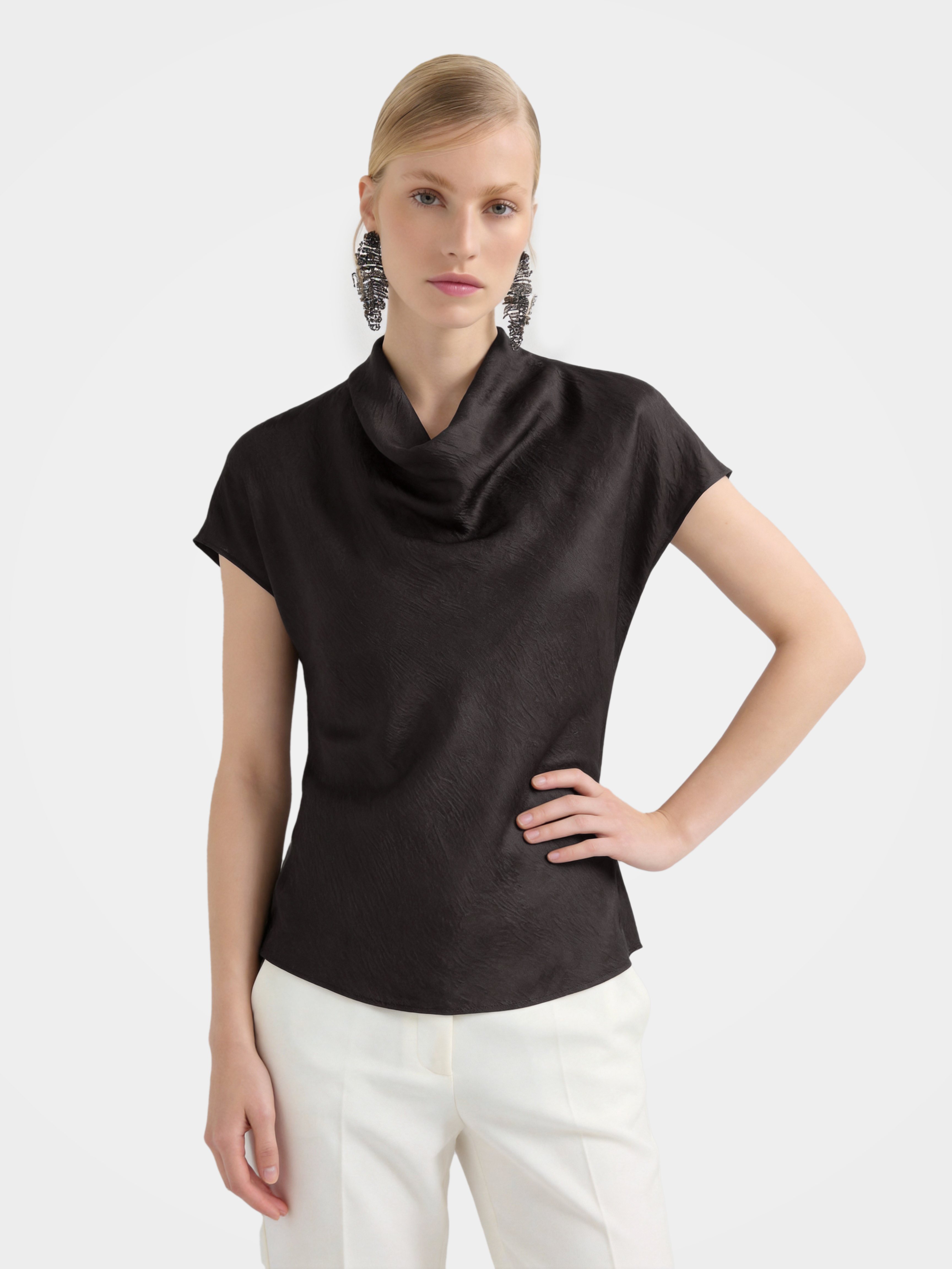 100% Mulberry Silk Cowl Neck Short Sleeve Top