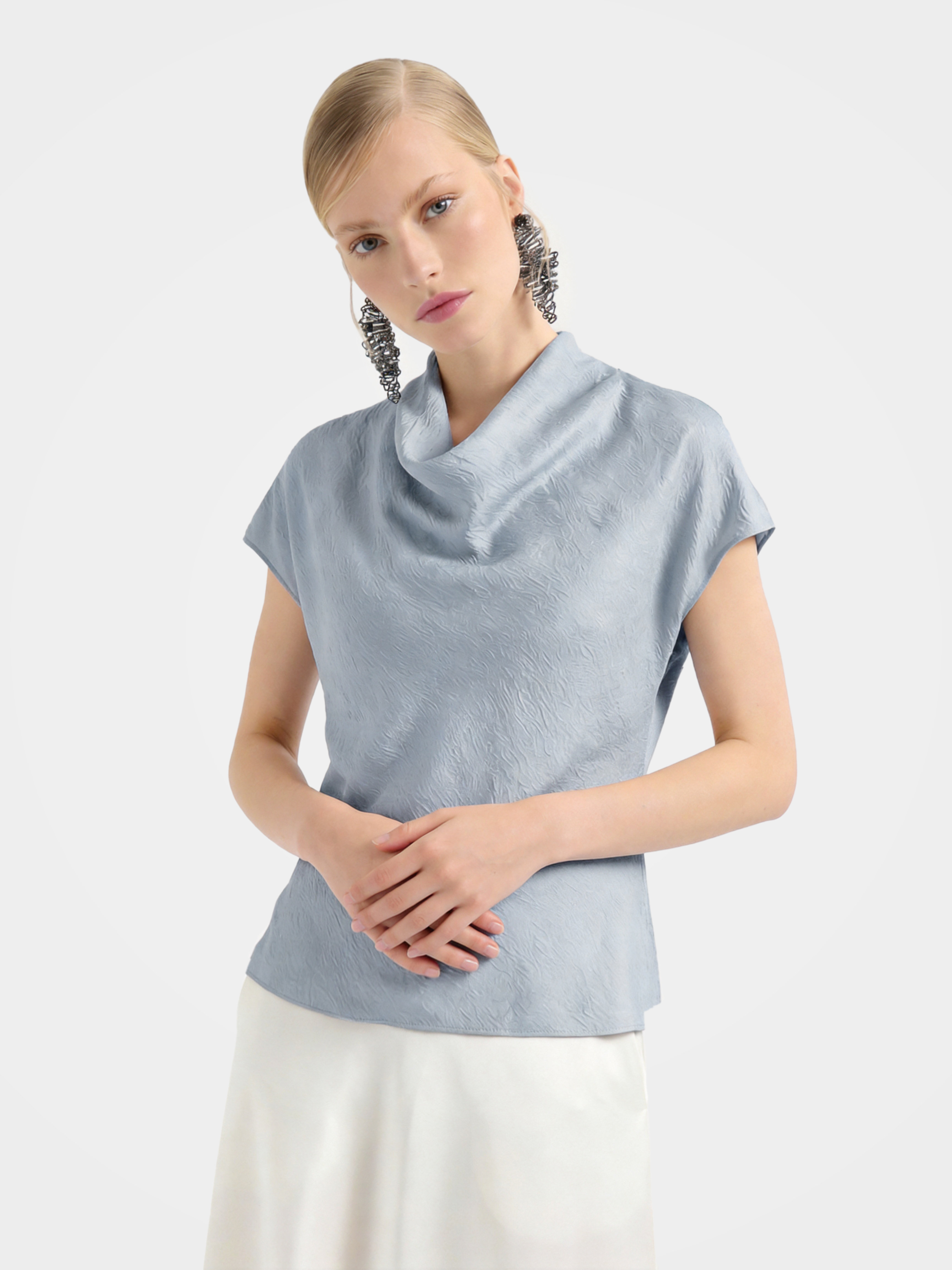 100% Mulberry Silk Cowl Neck Short Sleeve Top