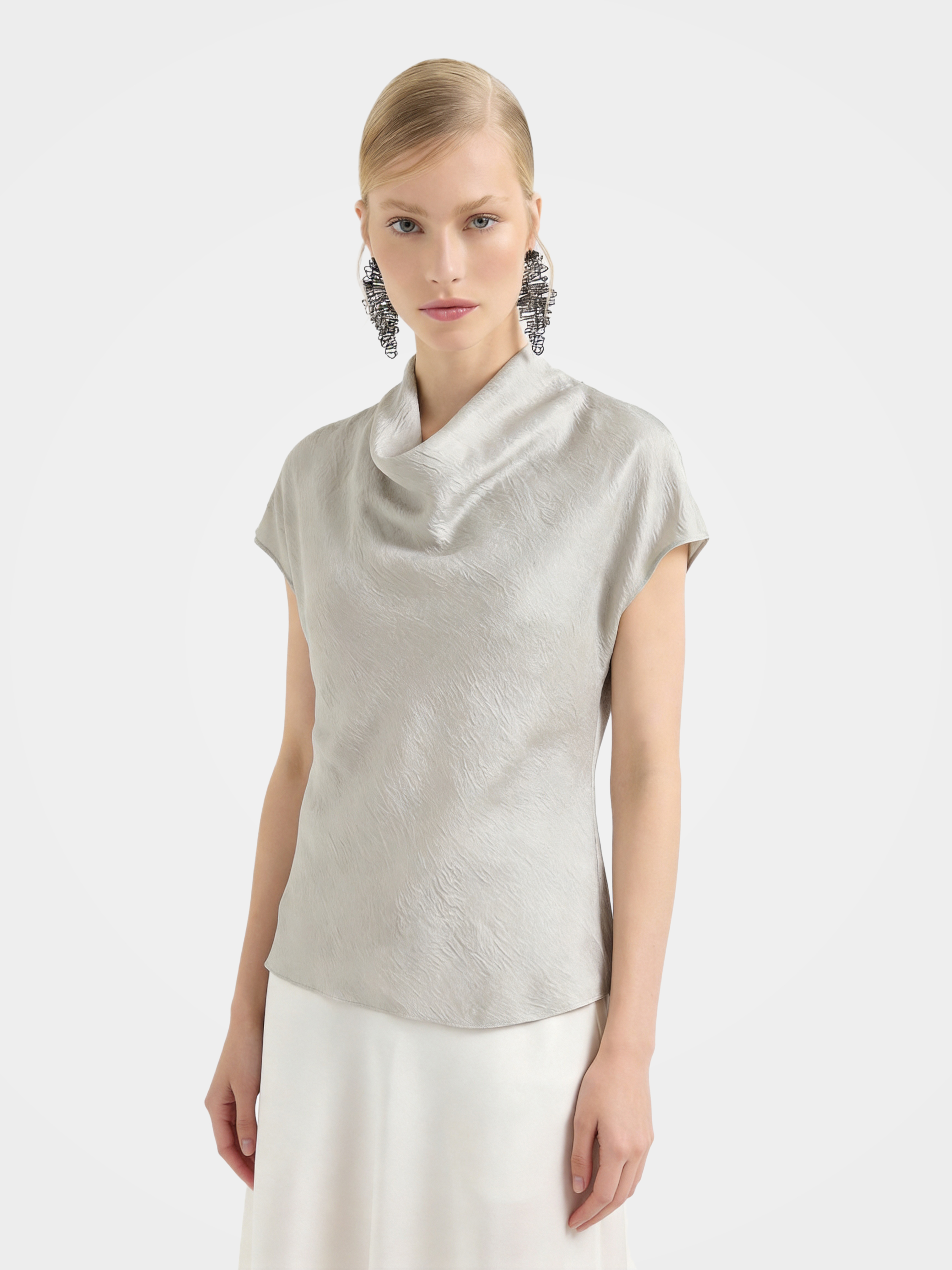 100% Mulberry Silk Cowl Neck Short Sleeve Top