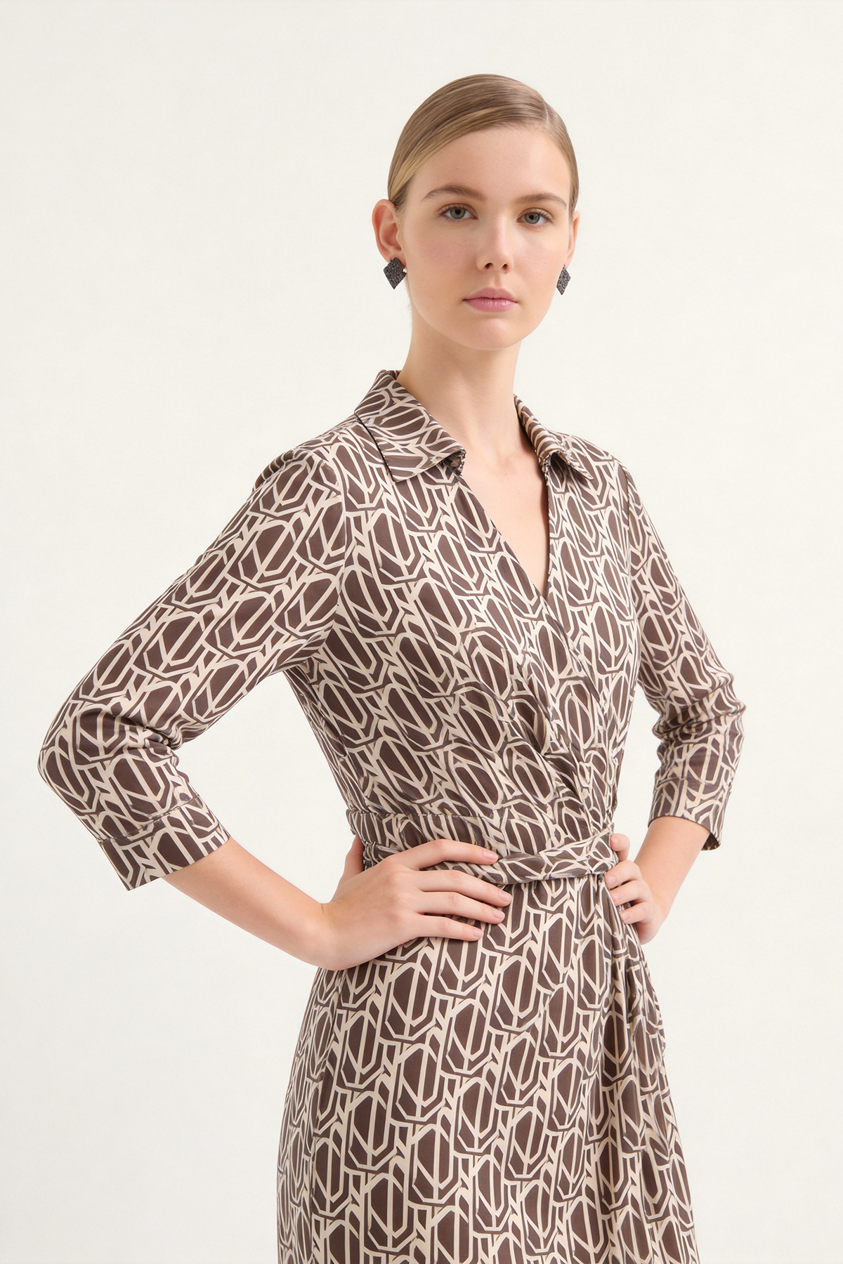 Brown Silk Shirt Print Knee-Length Dress