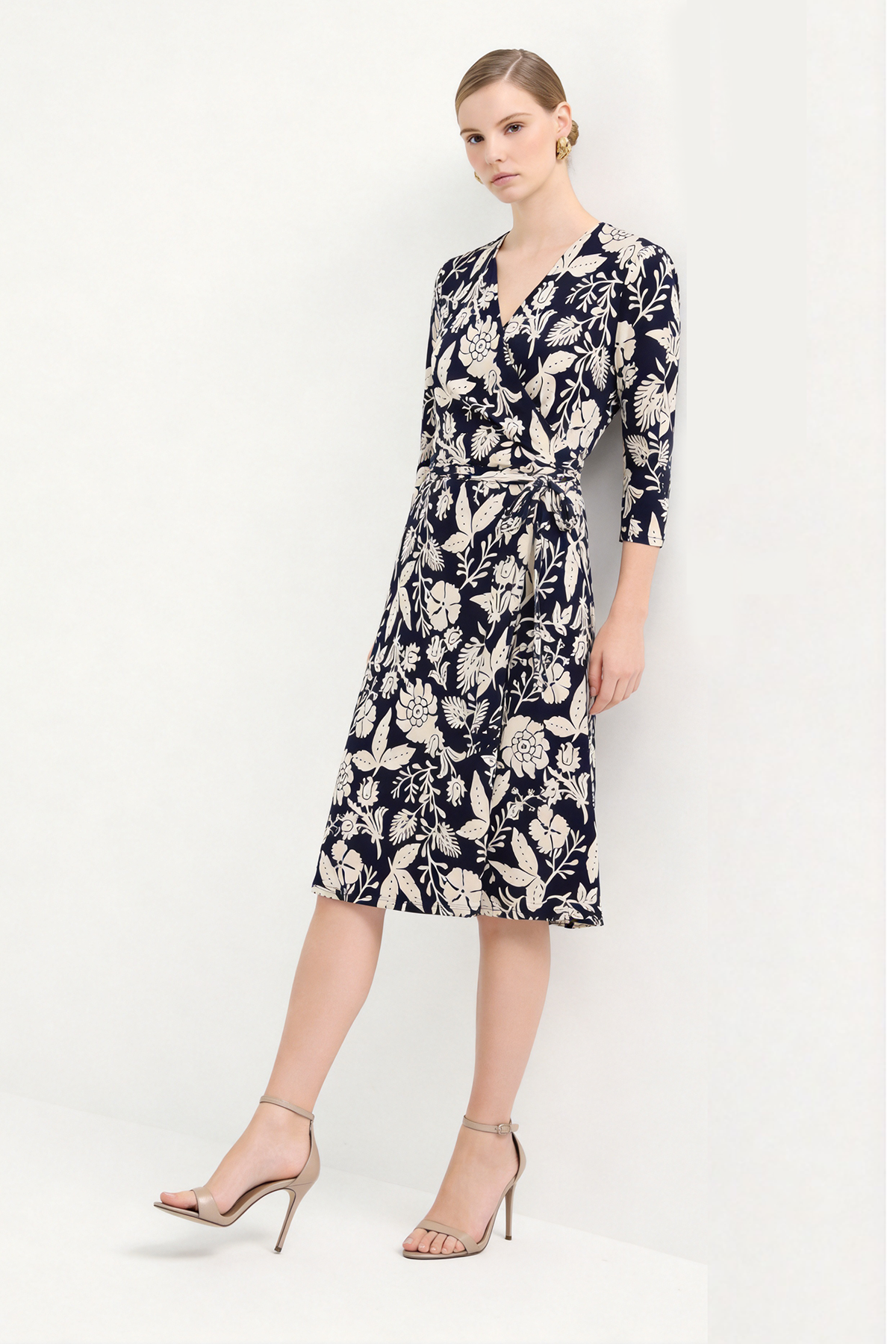 Black Silk Floral Print Knee-Length Wrap Dress
