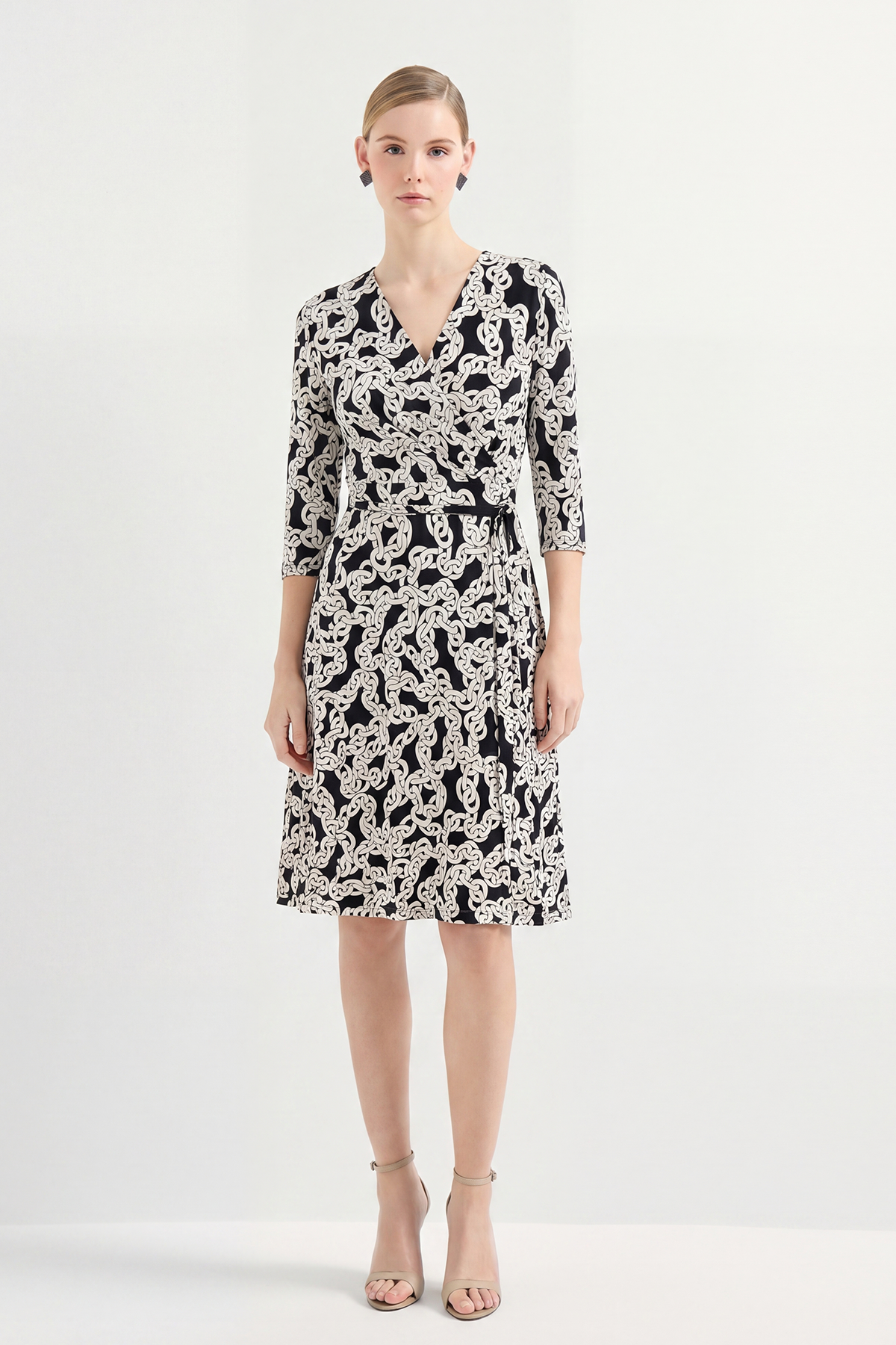 Black Silk Print Knee-Length Wrap Dress