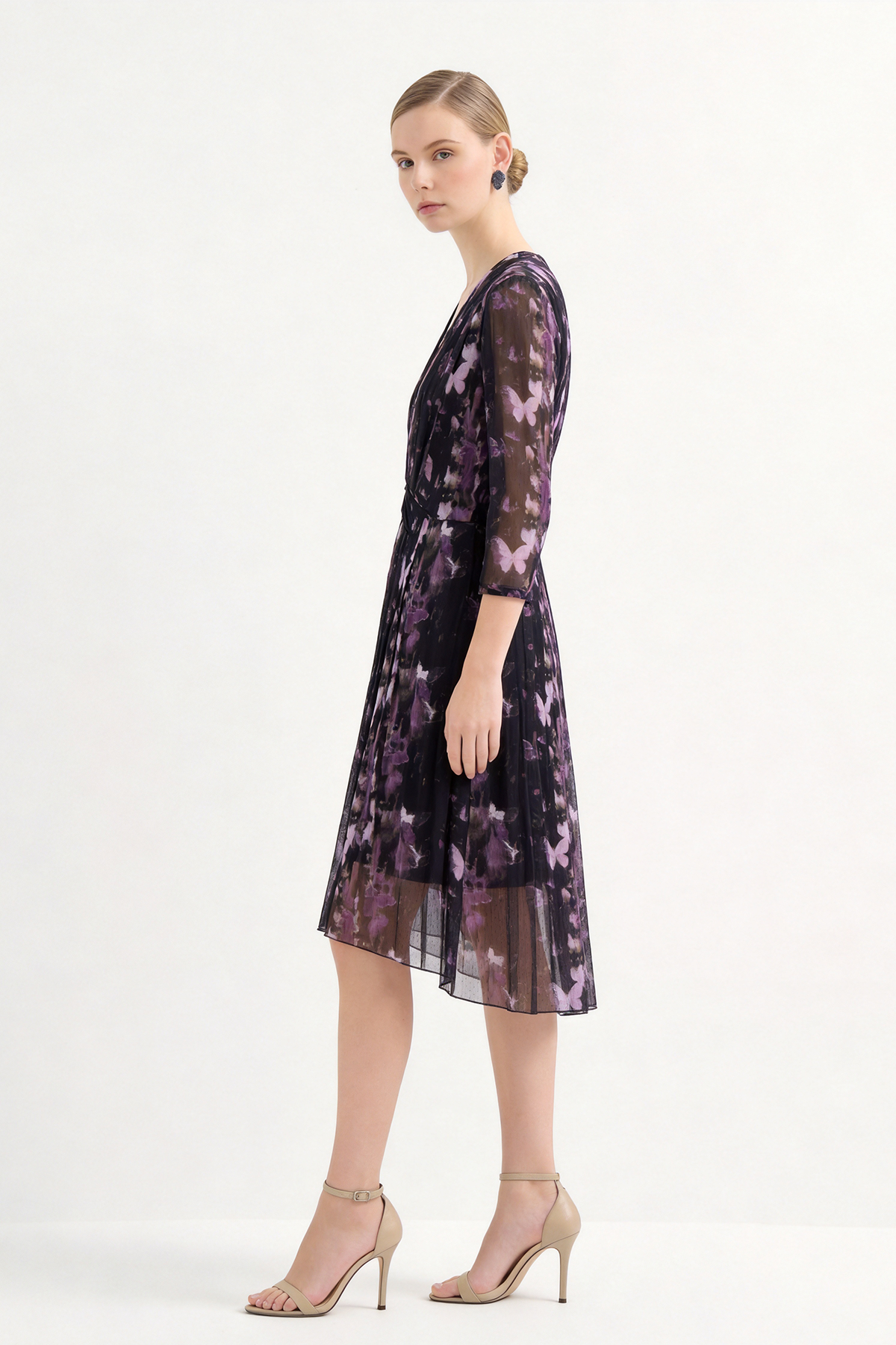 Purple Silk Floral Print Knee-Length Mesh Dress