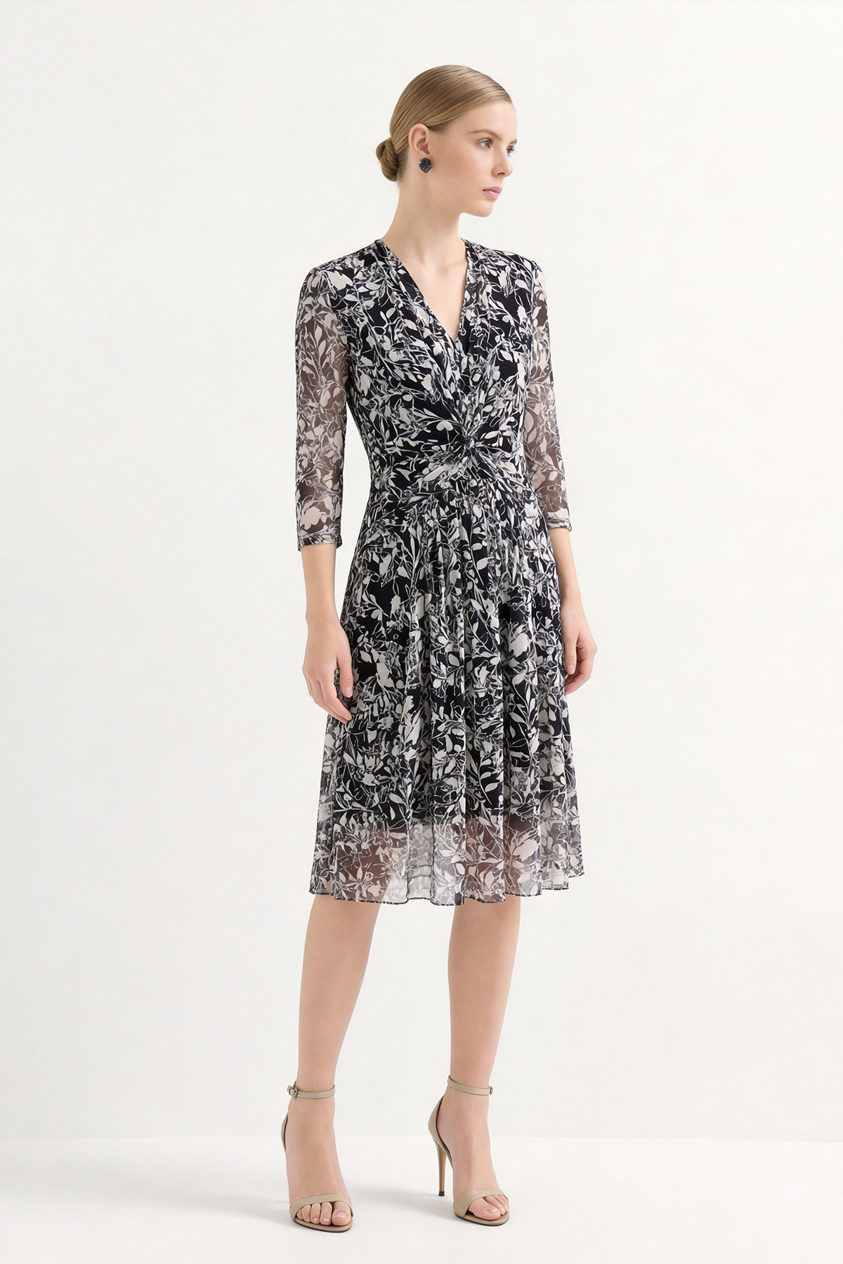 Black Silk Print Knee-Length Mesh Dress