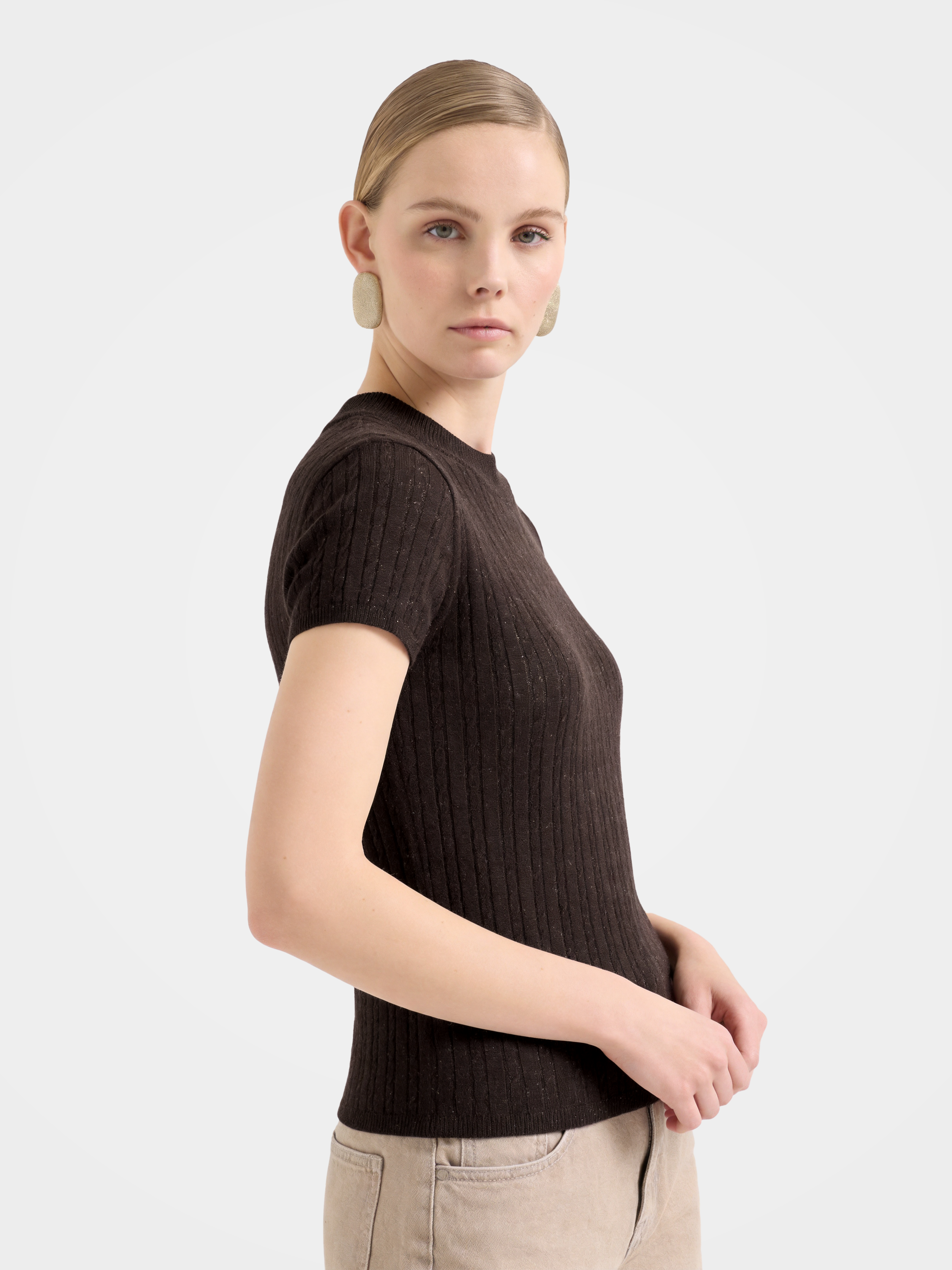 Wool Cashmere Blend Ribbed Metallic Knit Short Sleeve Top