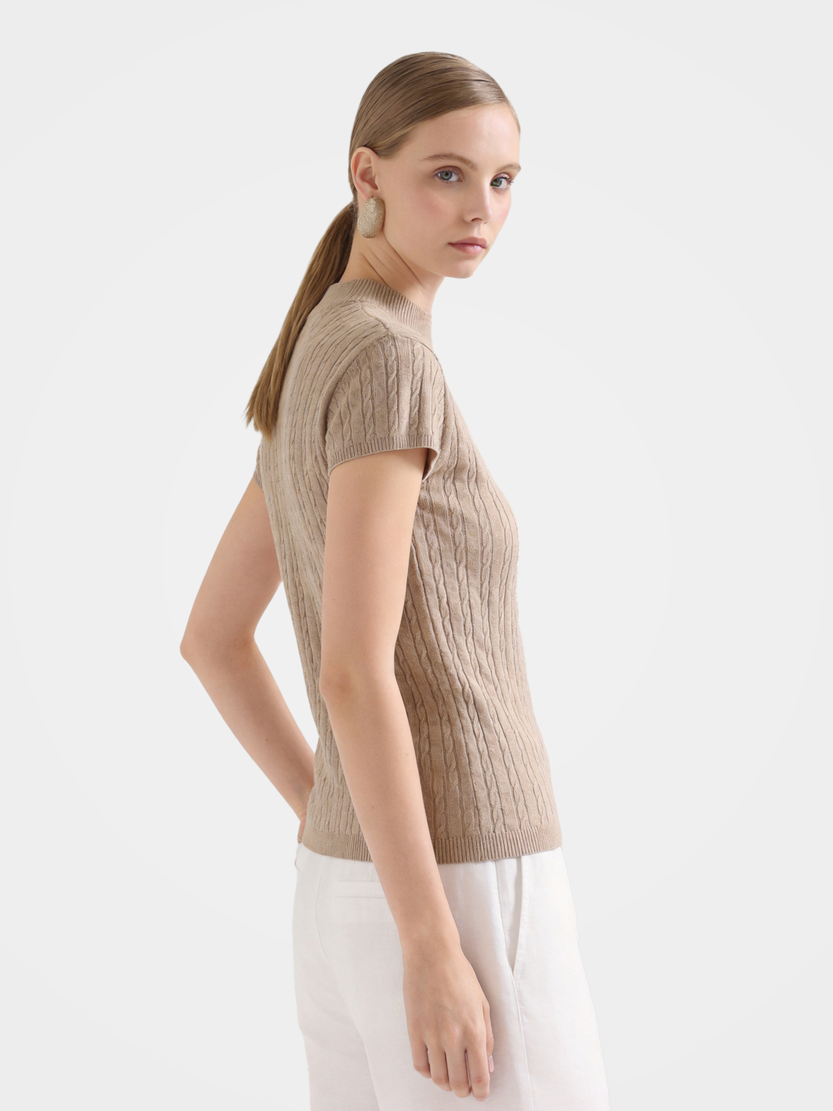 Wool Cashmere Blend Ribbed Metallic Knit Short Sleeve Top