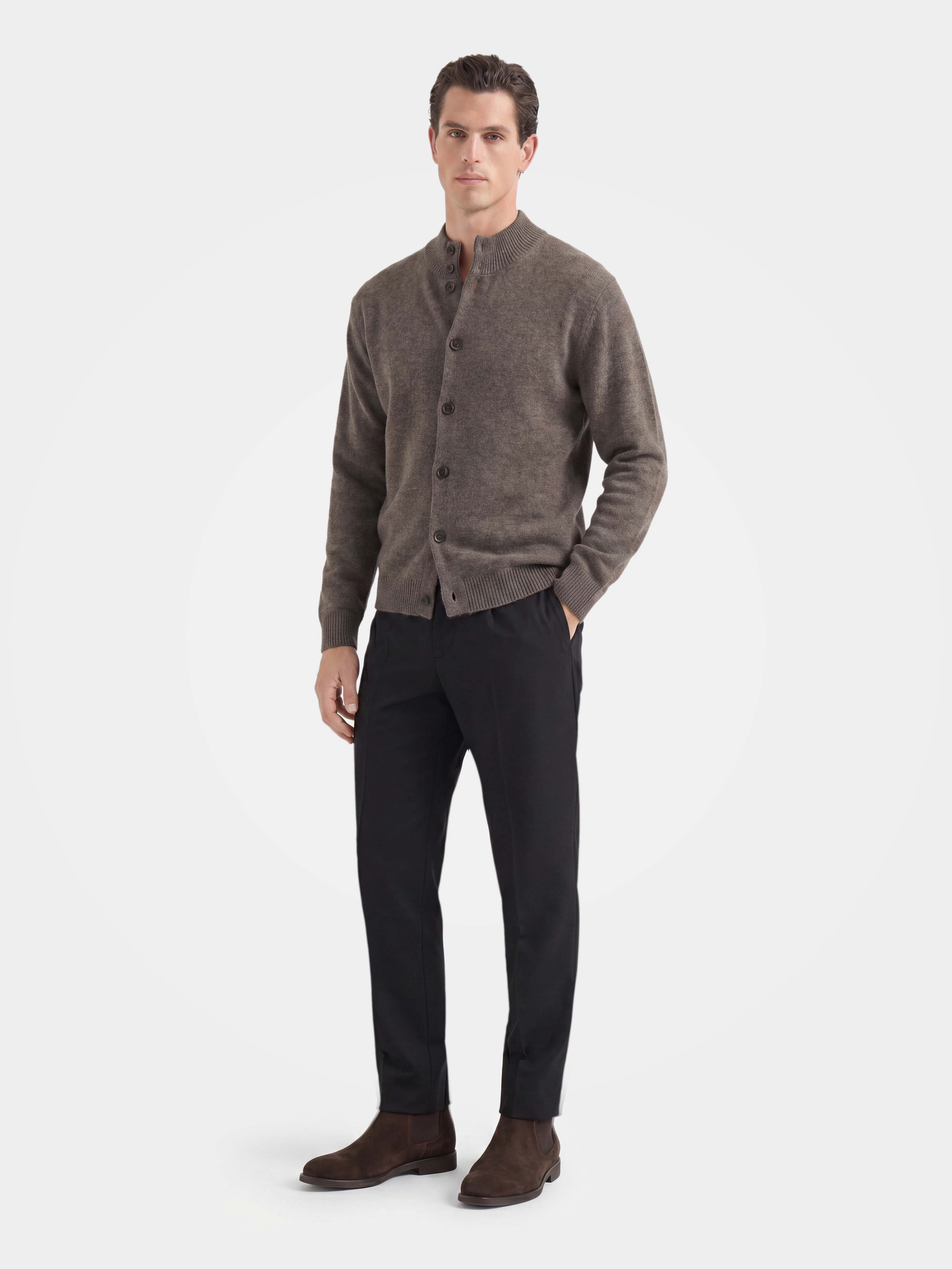 Man Wool Knit Mock Neck Long Sleeve Cardigan Sweater