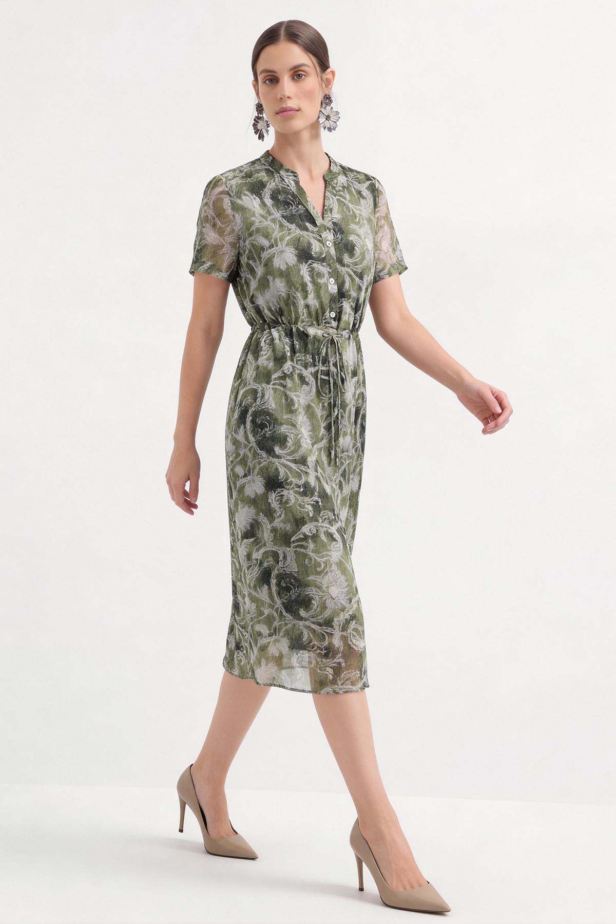 Lightweight 100% Mulberry Silk Drawstring Floral Midi Dress