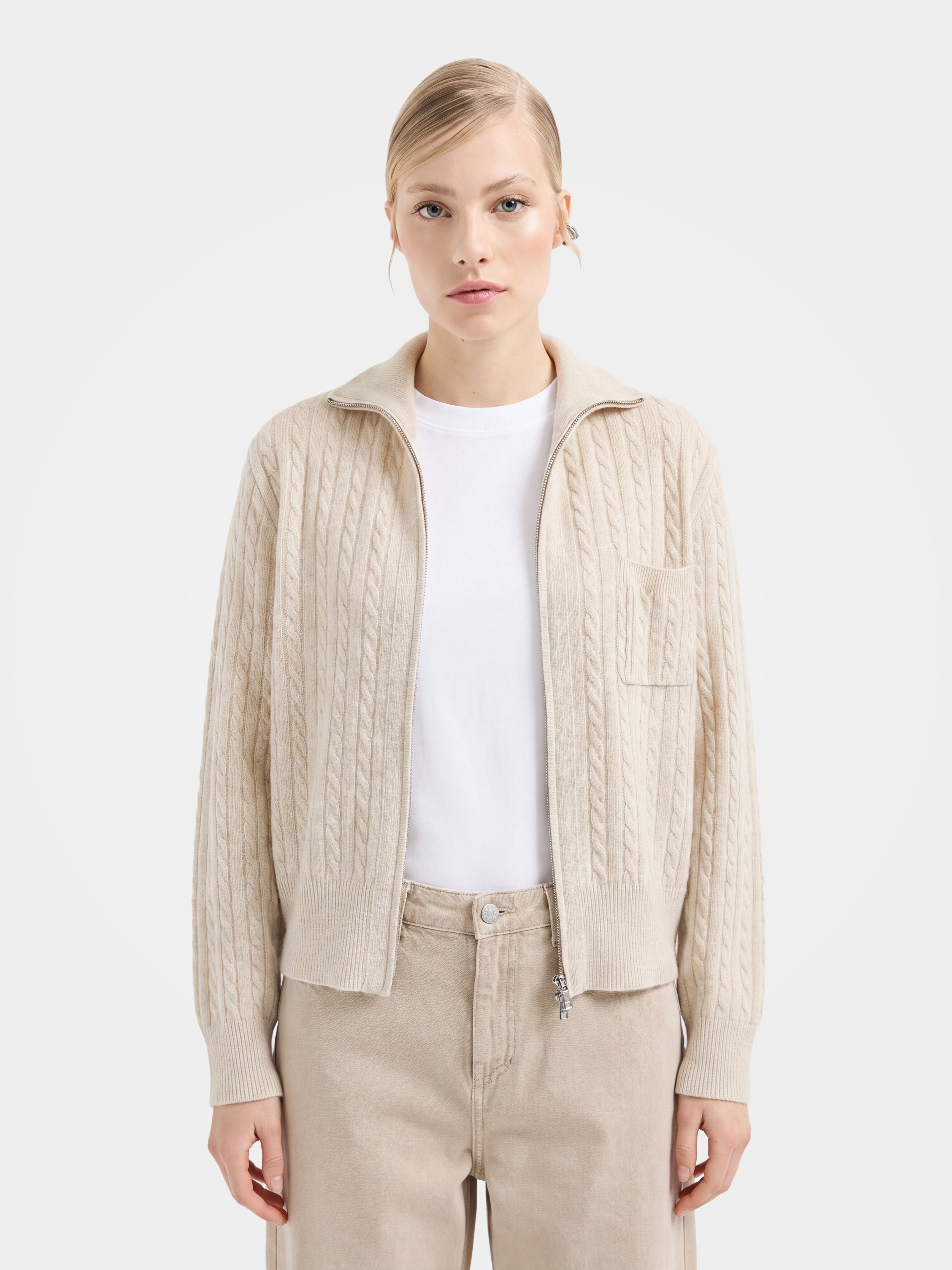 100% Mongolian Cashmere Knit Collared Cable Cardigan