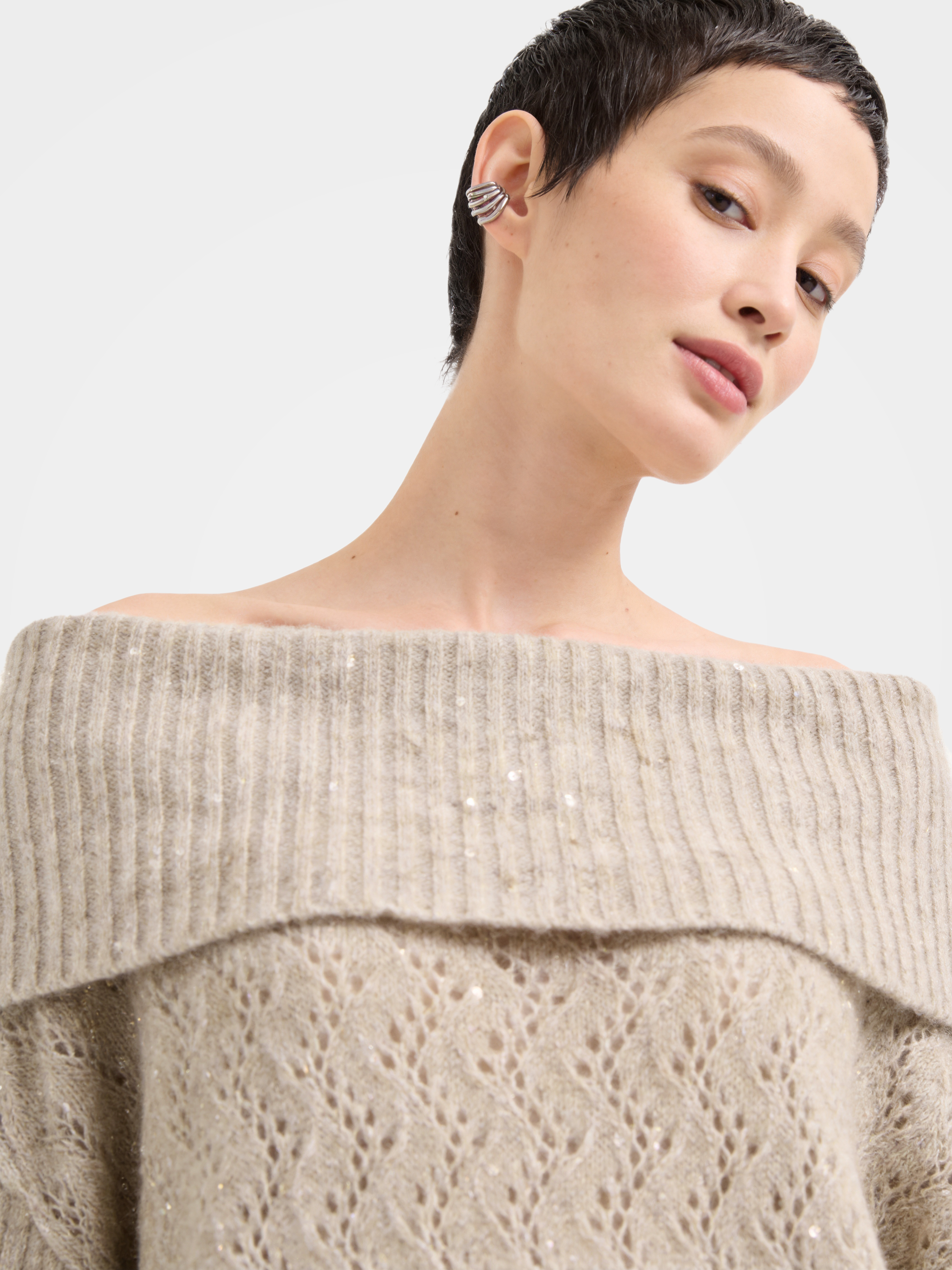 Lightweight Mongolian Cashmere Off Shoulder Sequins Knit Top