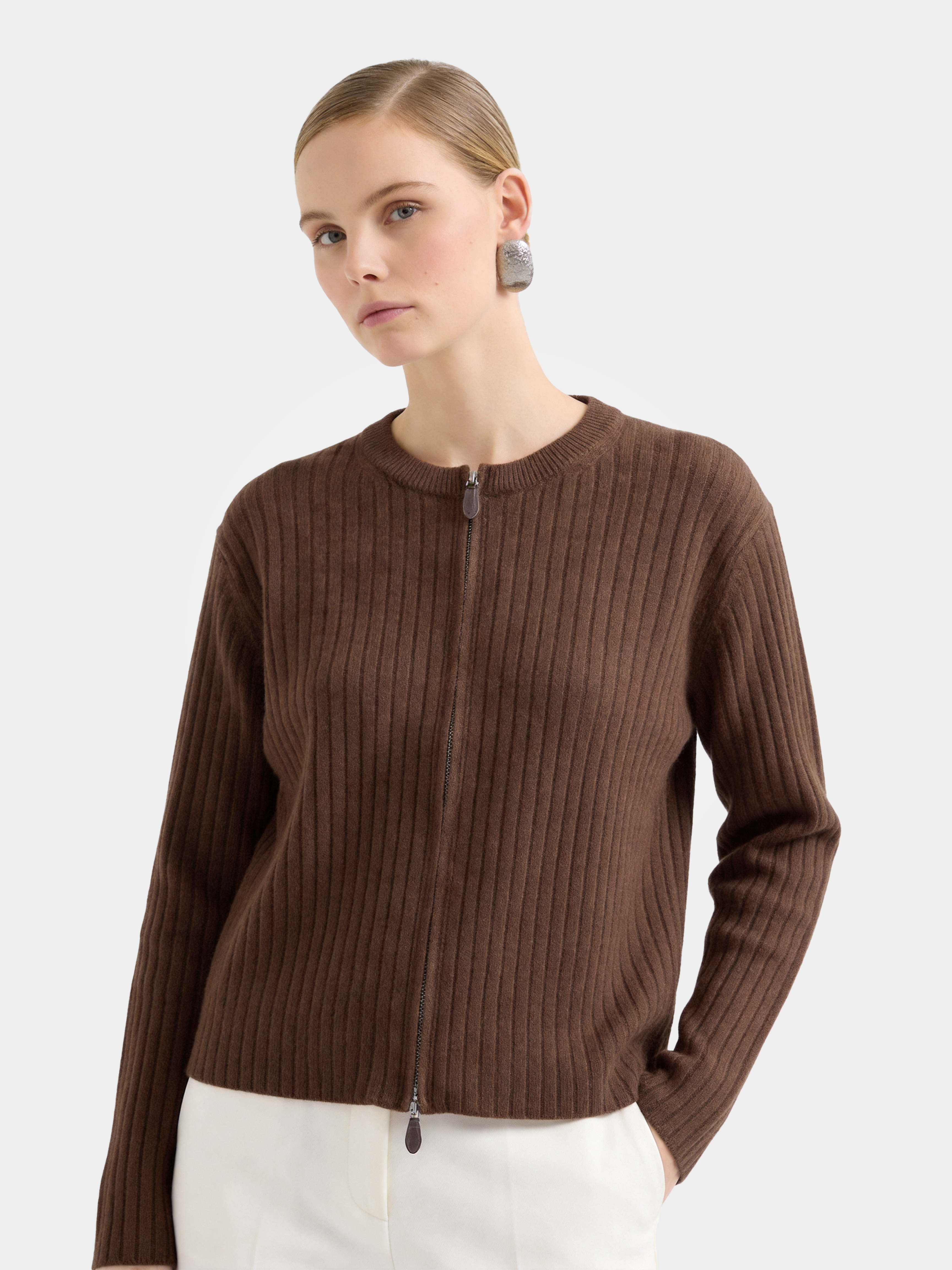 Textured 100% Mongolian Cashmere Knit Zip Cardigan