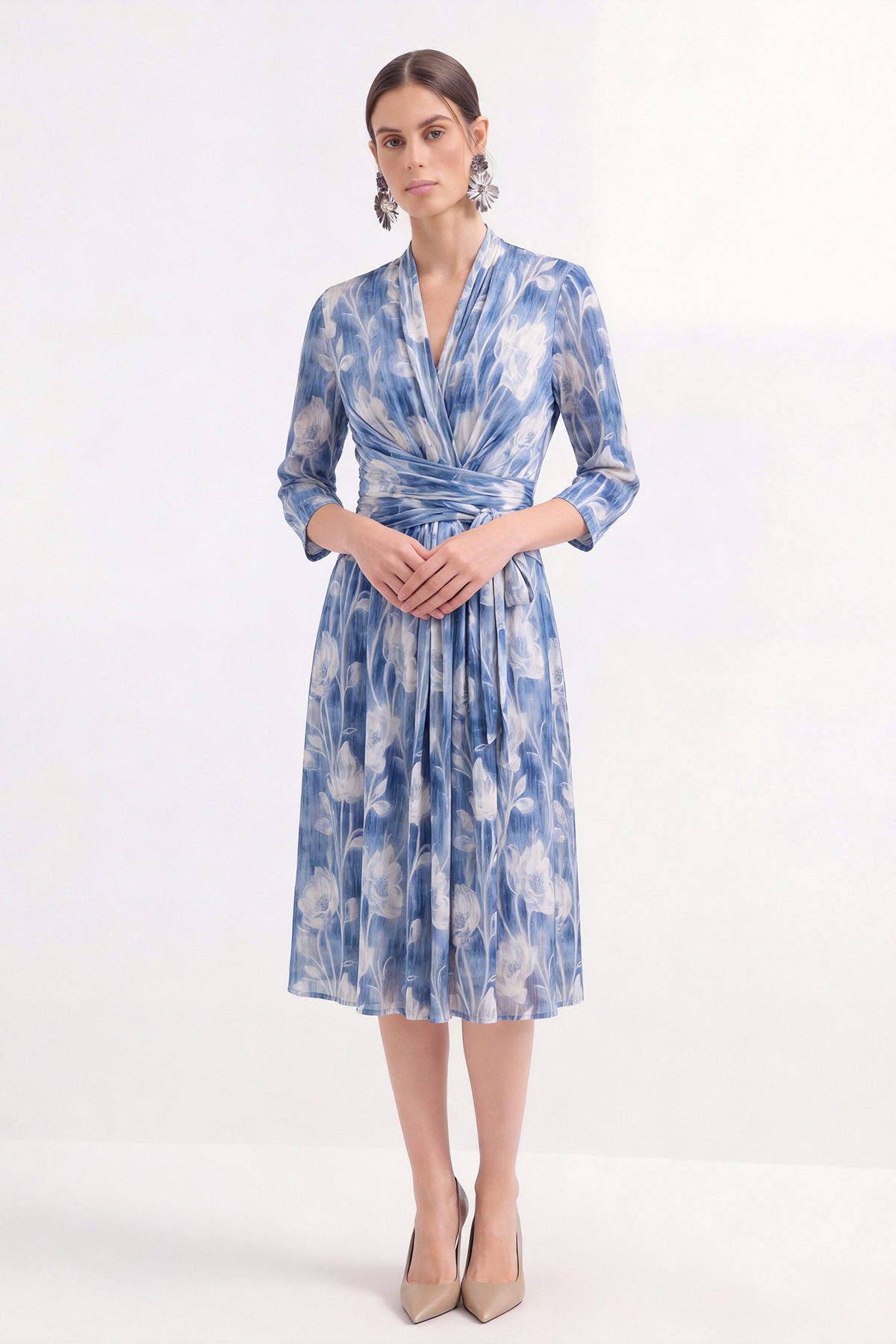 Elegant 100% Mulberry Silk Floral Midi Dress