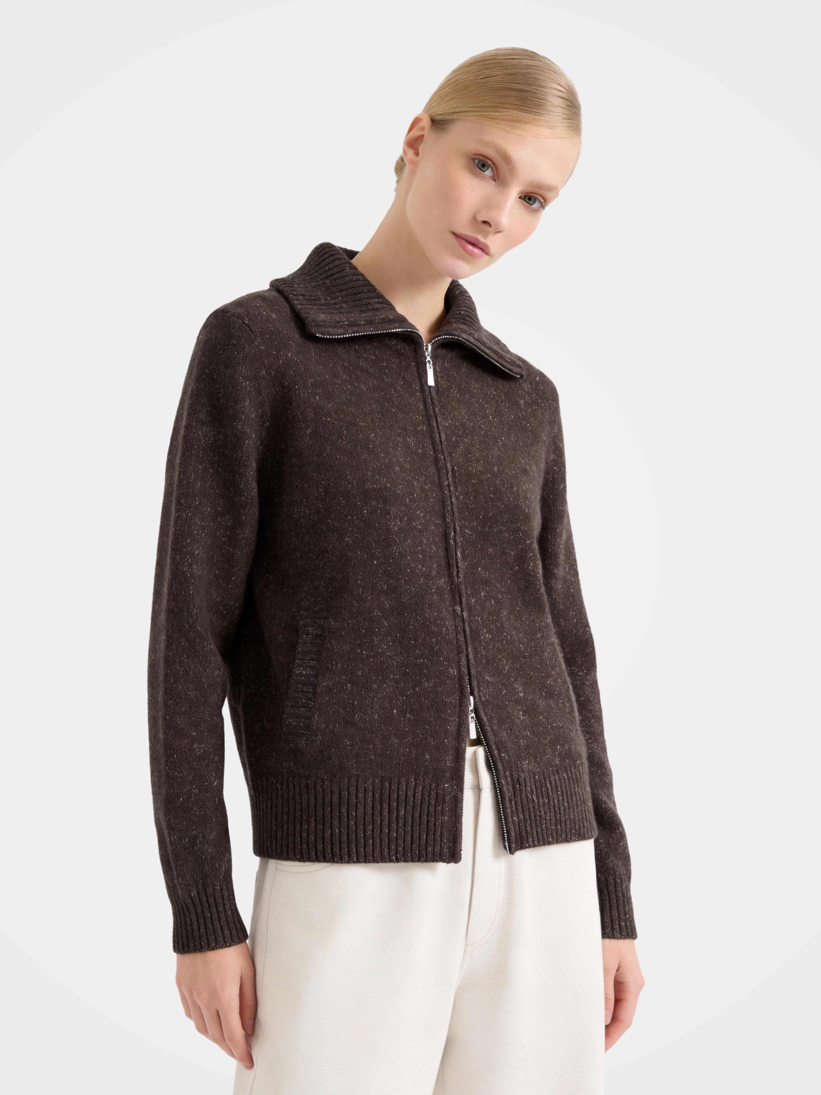 Texture 100% Wool Zip up Knit Cardigan