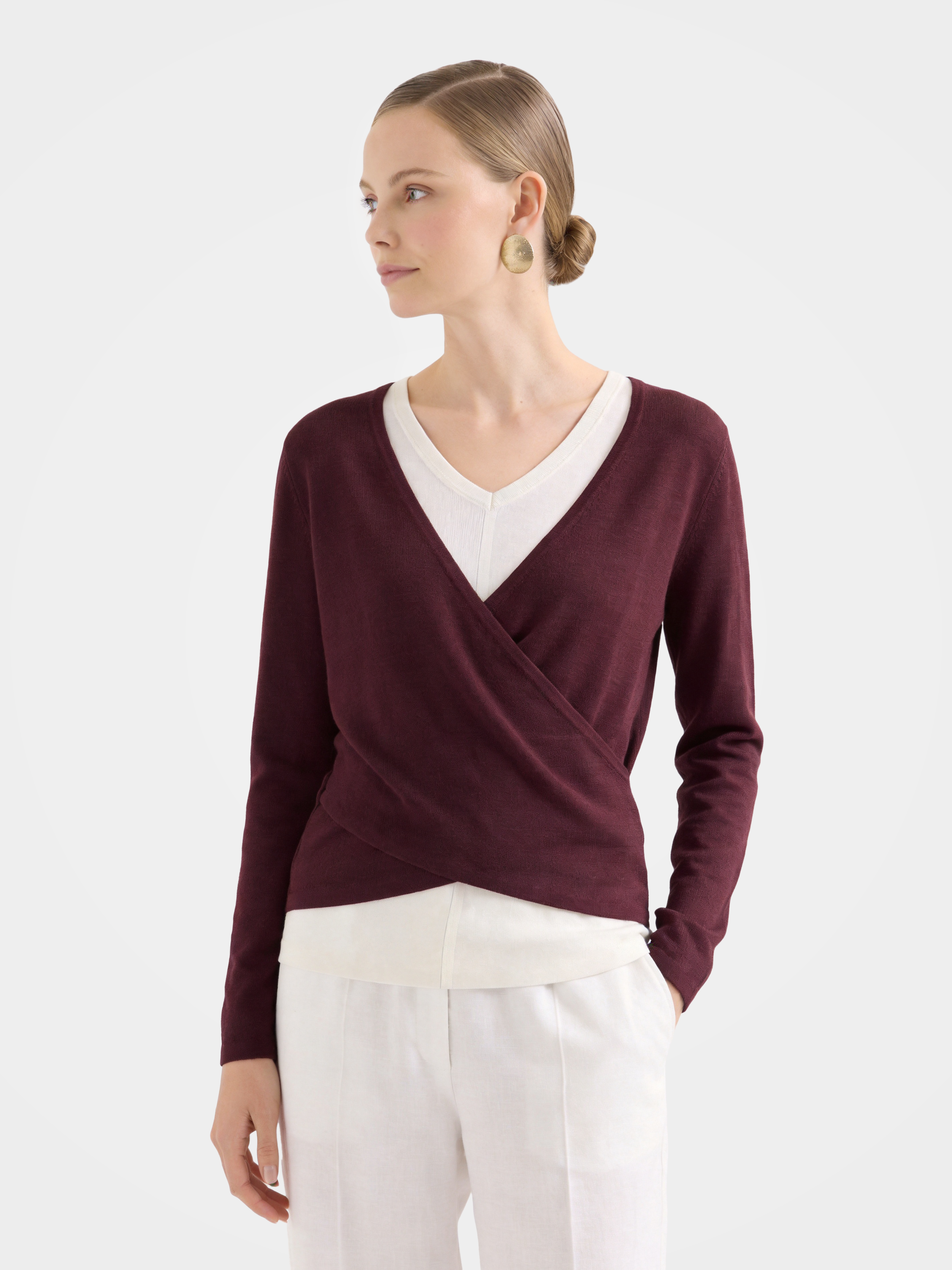 Lightweight Wool Faux Wrap Draped Layering Knit Sweater