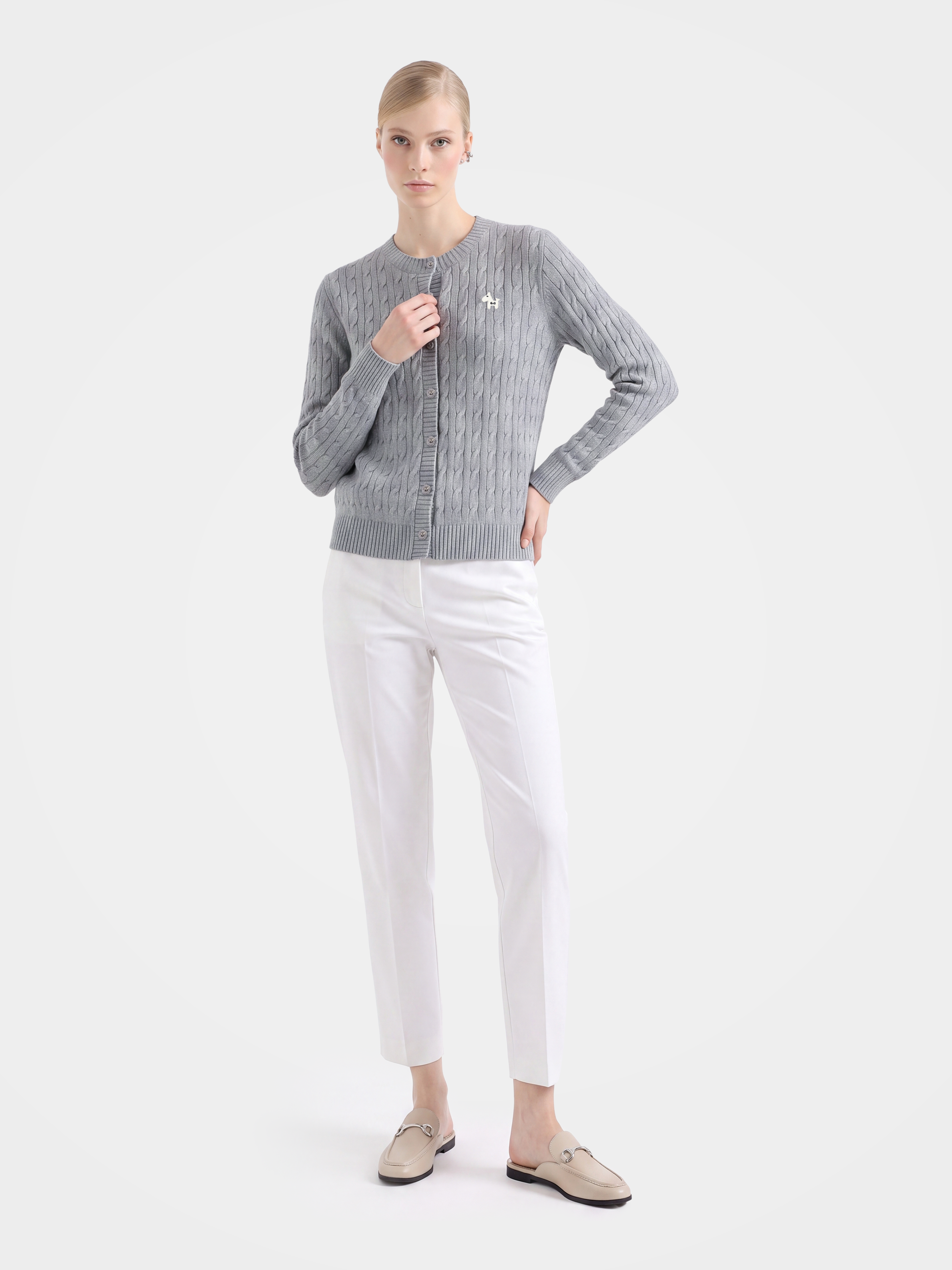 Textured 100% Mongolian Cashmere Crew Neck Cable Knit Cardigan