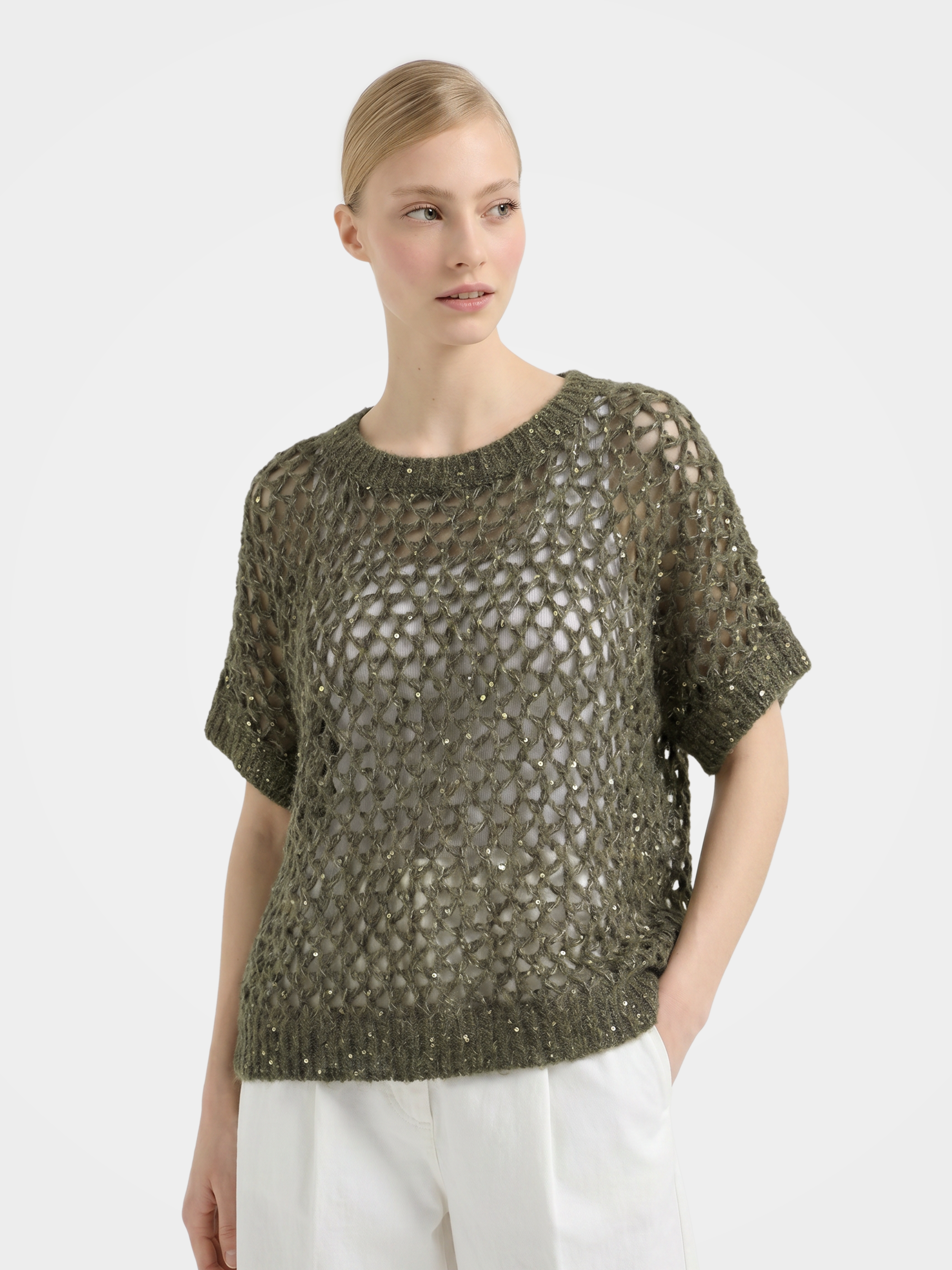 Mongolian Cashmere Silk Openwork Sequin Short Sleeve Top