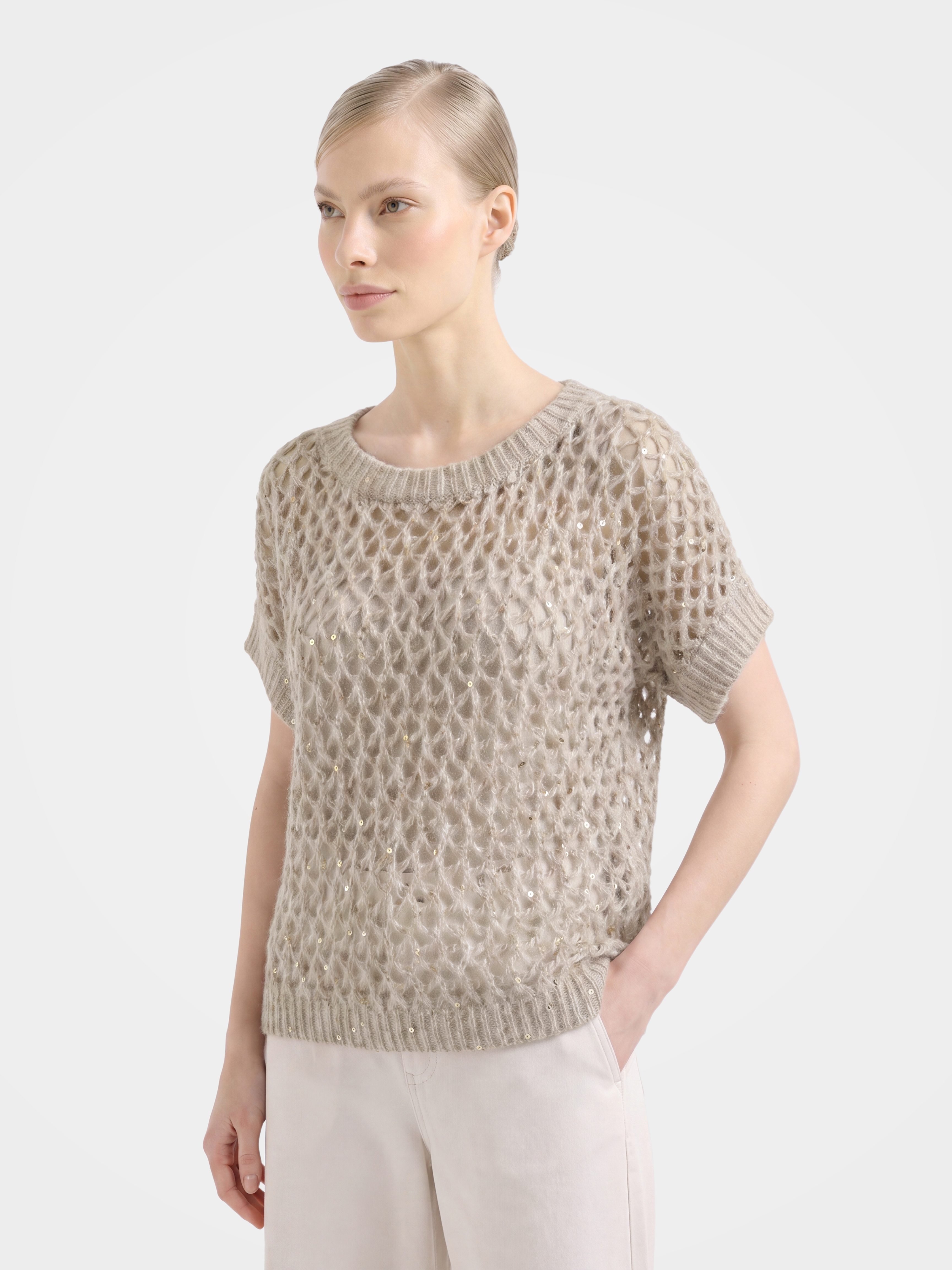 Mongolian Cashmere Silk Openwork Sequin Short Sleeve Top