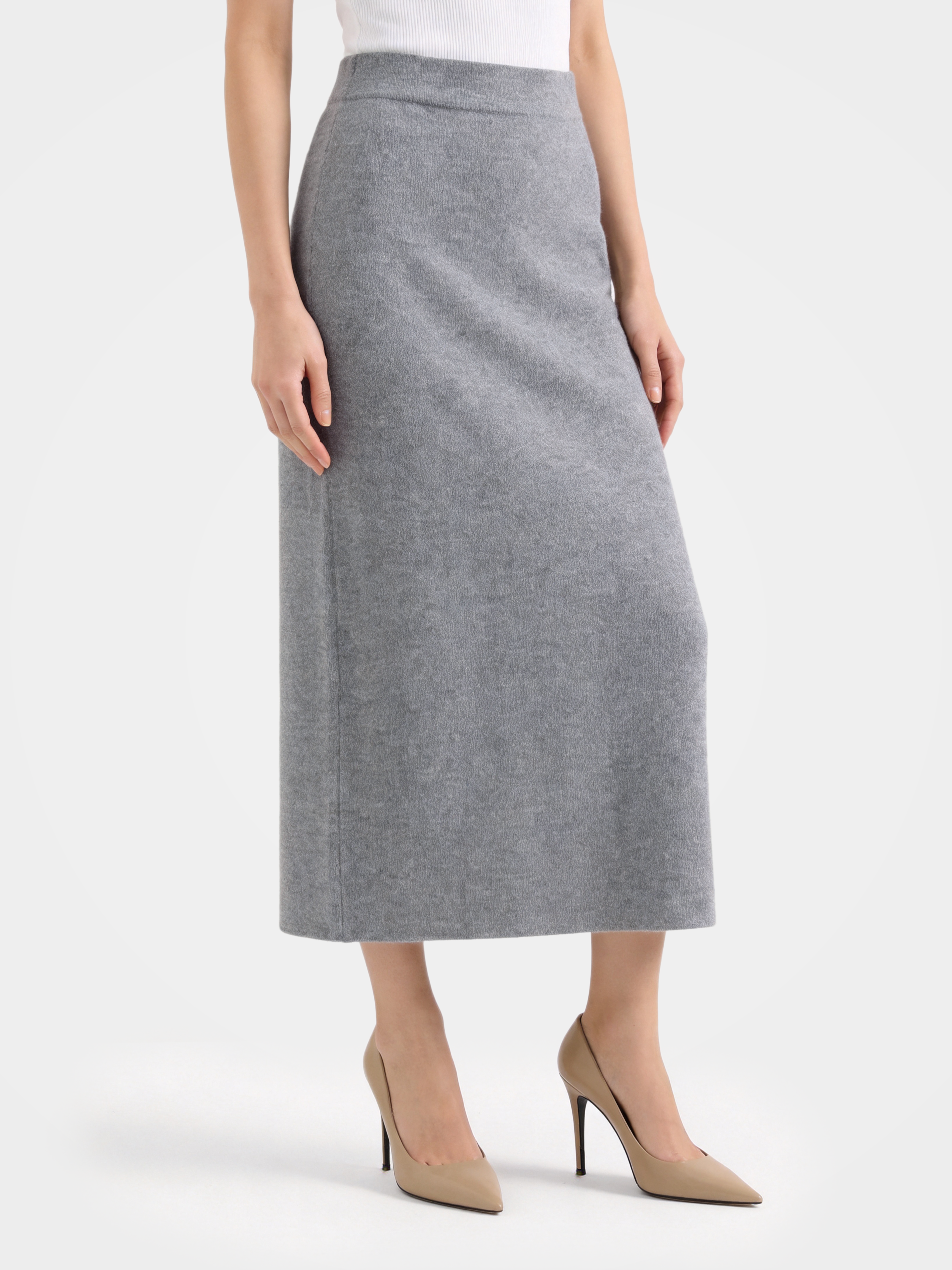 100% Mongolian Cashmere Midi Ribbed Waist Sweater Skirt