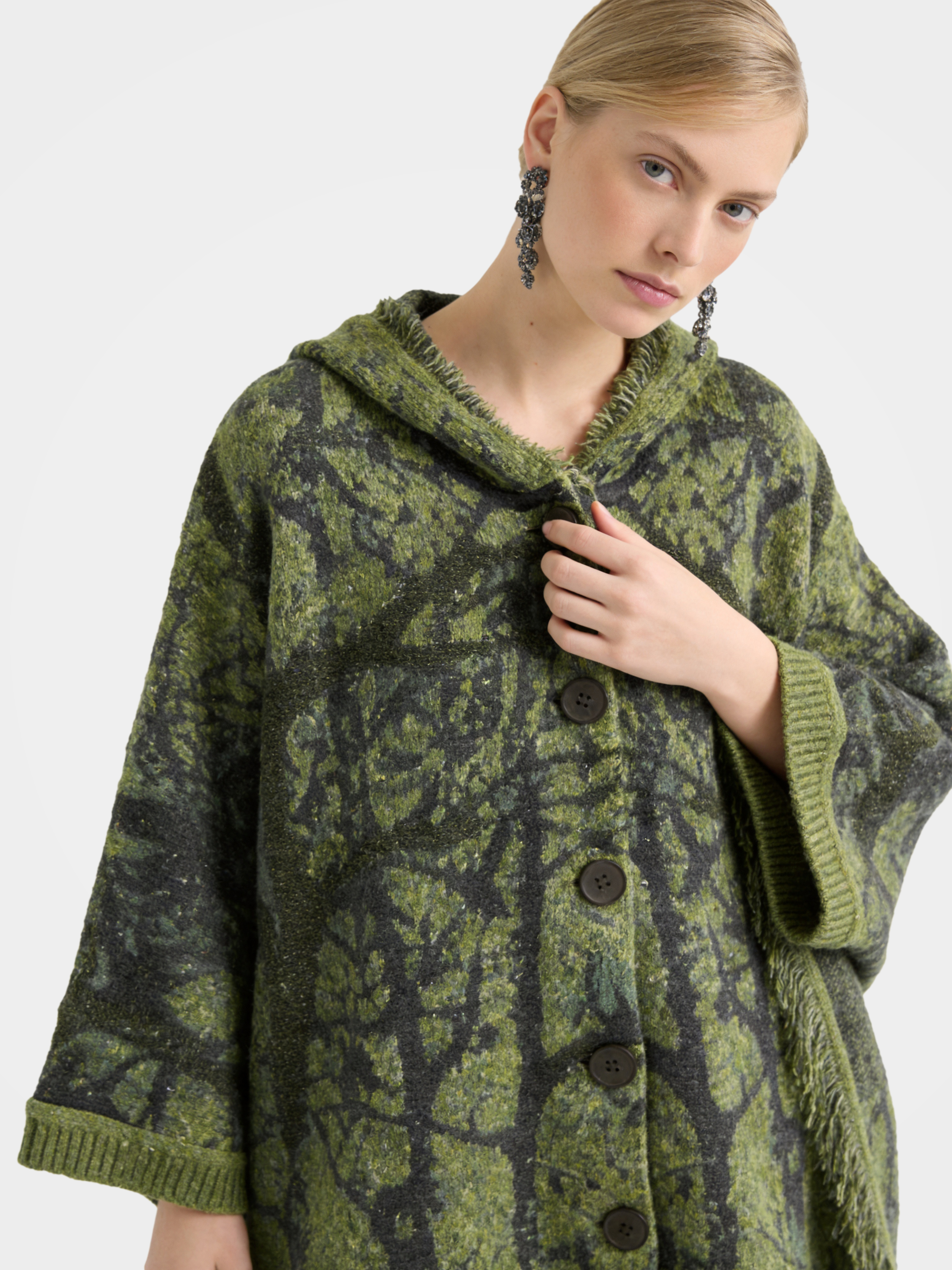 Textured Mongolian Cashmere Hoodie Knitted Fringe Sequin Poncho