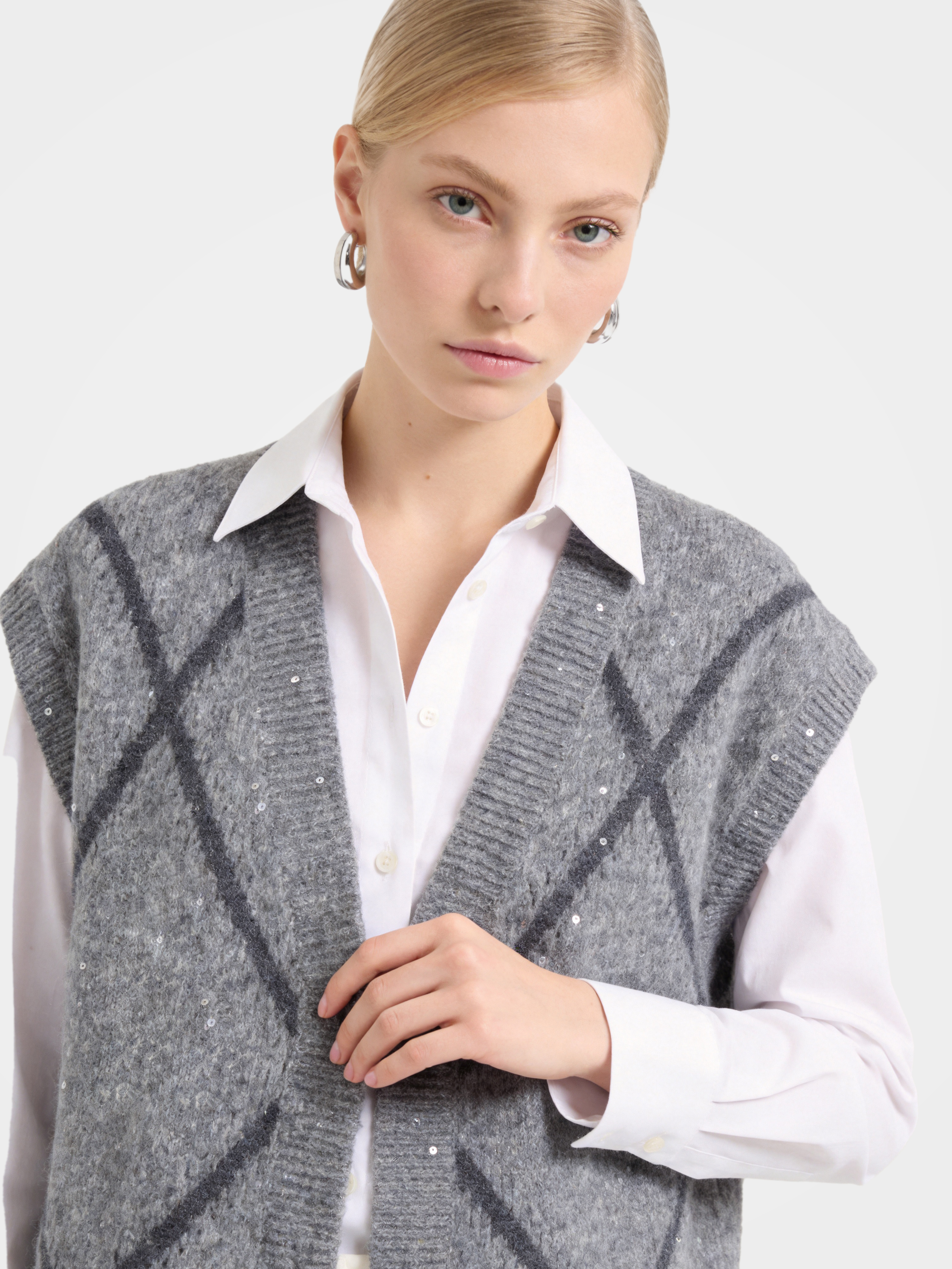 Textured Mongolian Cashmere Button Knit Vest Sequin Top