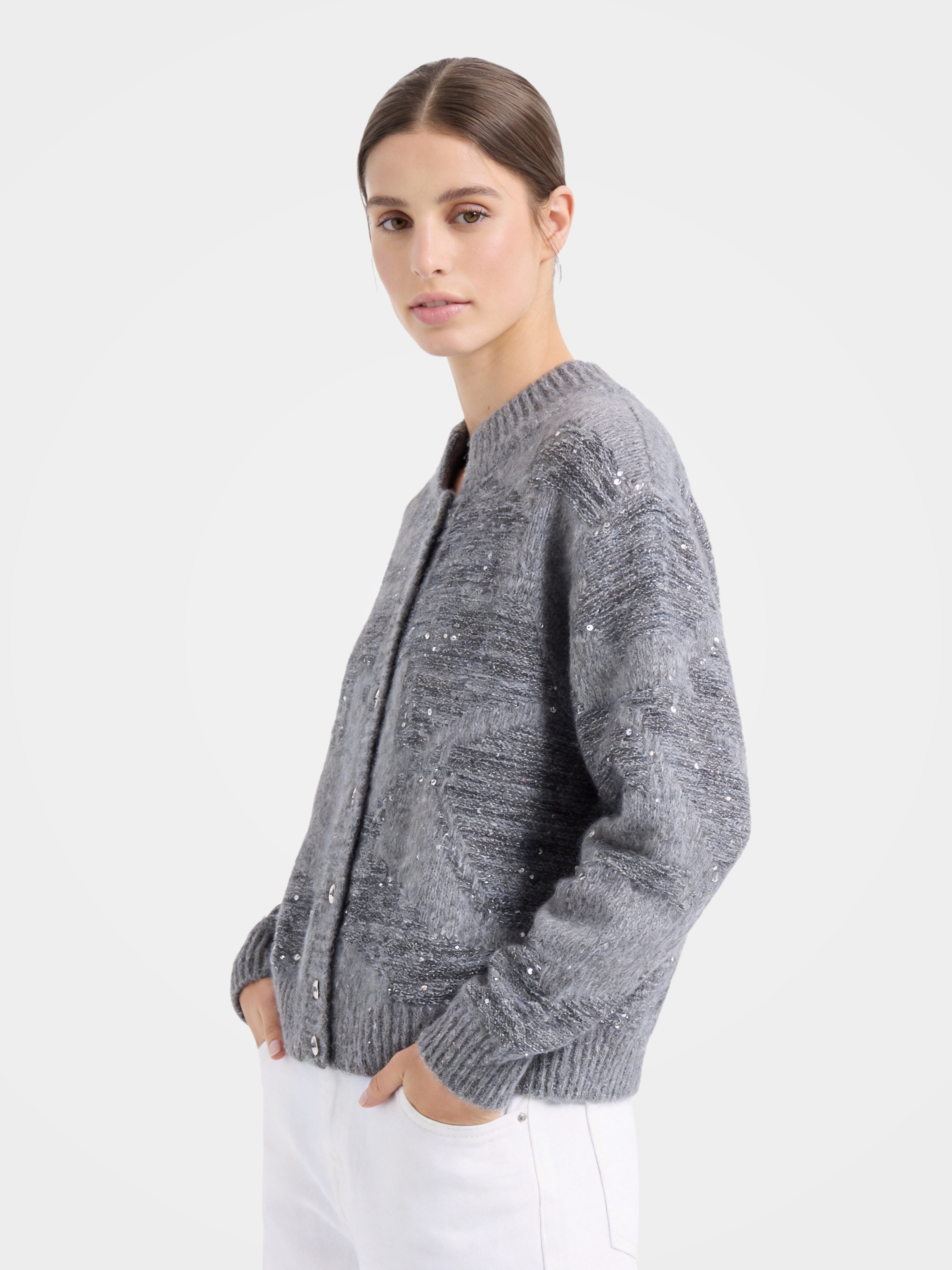 Textured Mongolian Cashmere Mock Neck Cable Knit Sequin Cardigan