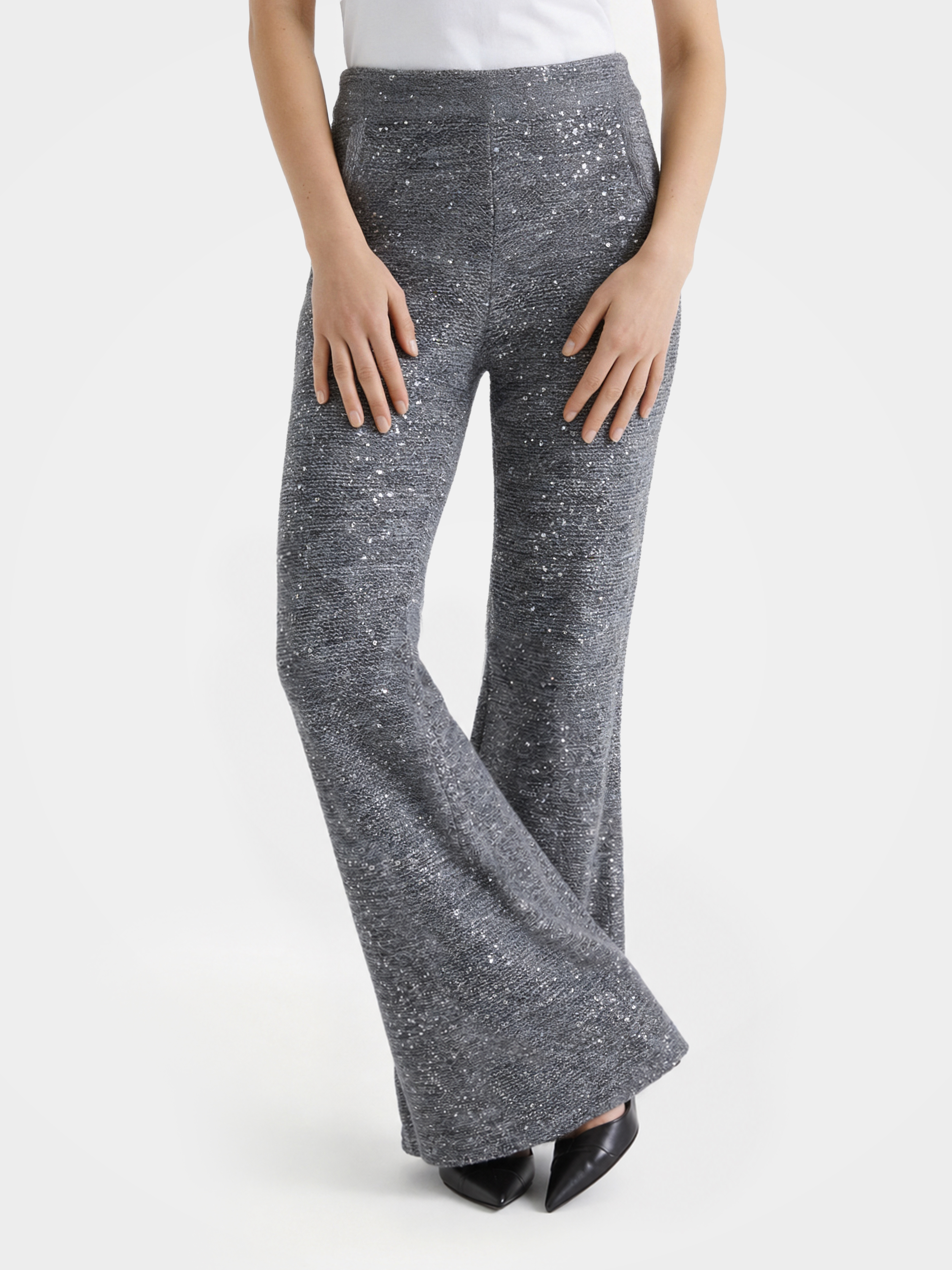 Sparkly Sequin Flare Leggings High Rise Knit Bell Bottom Pants