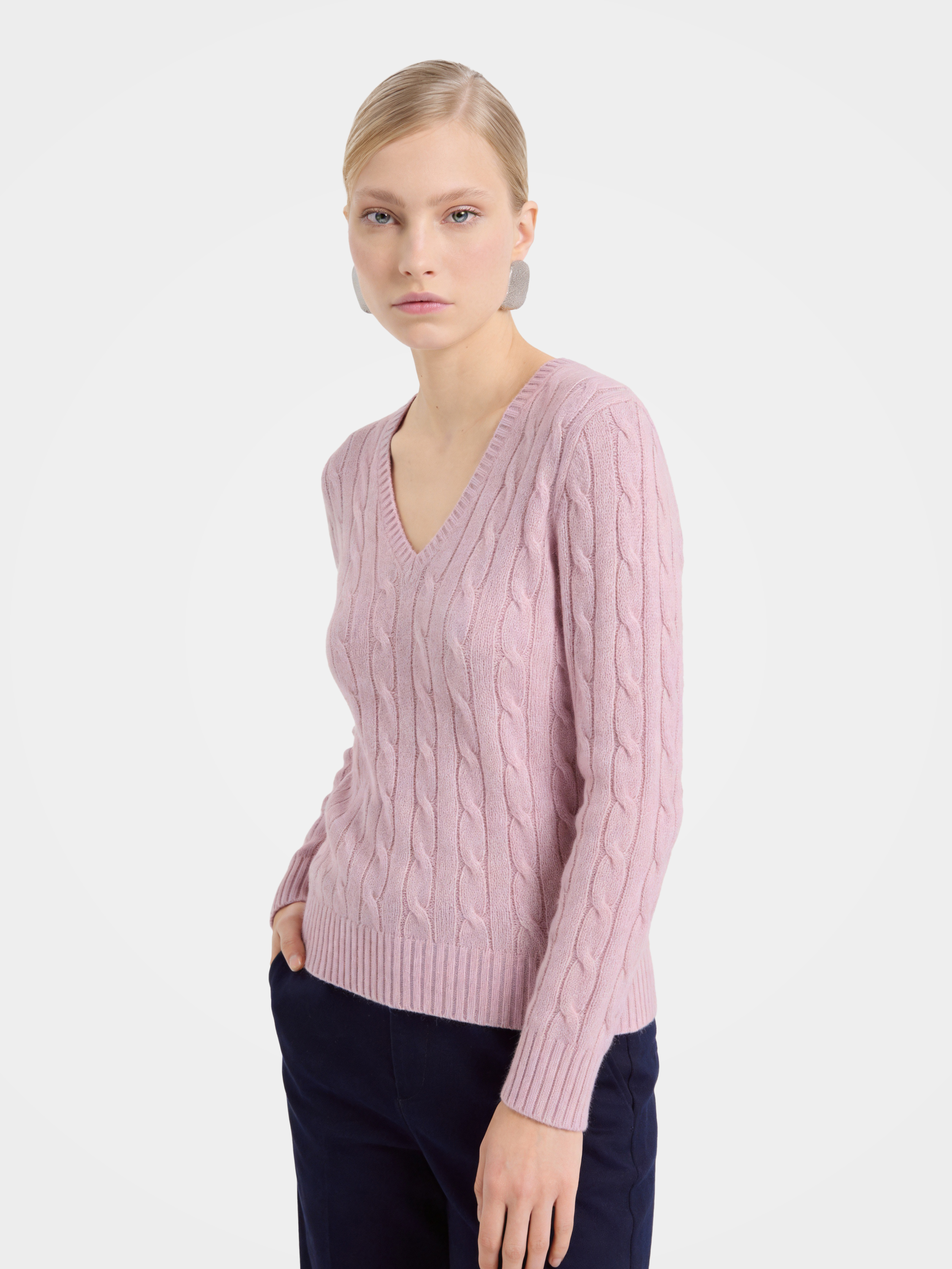 00% Mongolian Cashmere Classic Cable Knit V-Neck Sweater