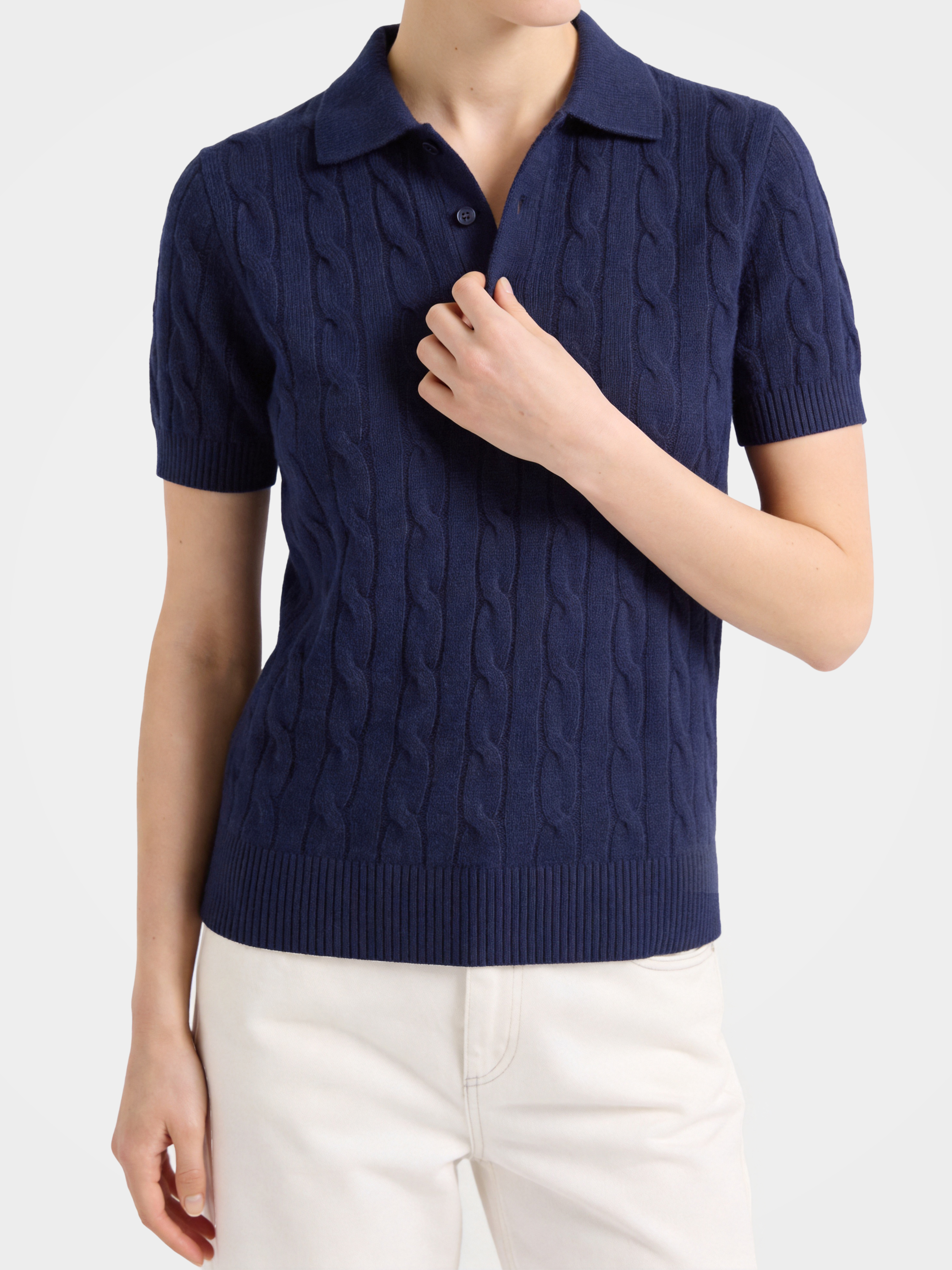 100% Mongolian Cashmere Cable Knit Short Sleeve Polo Sweater