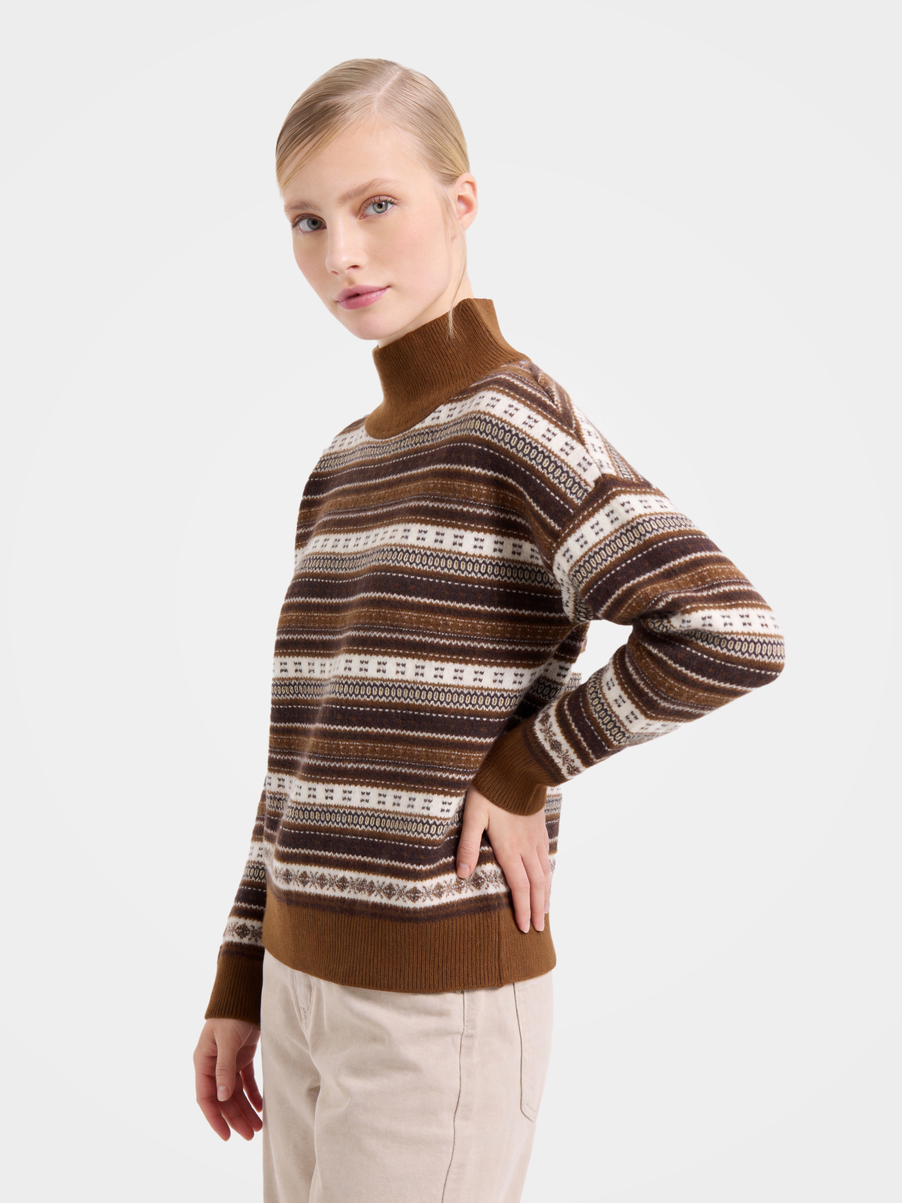 Pre-Order | 100% Cashmere Wool Mock Neck Sweater Soft Stripe Knit Pullover (10-14 Business Days)