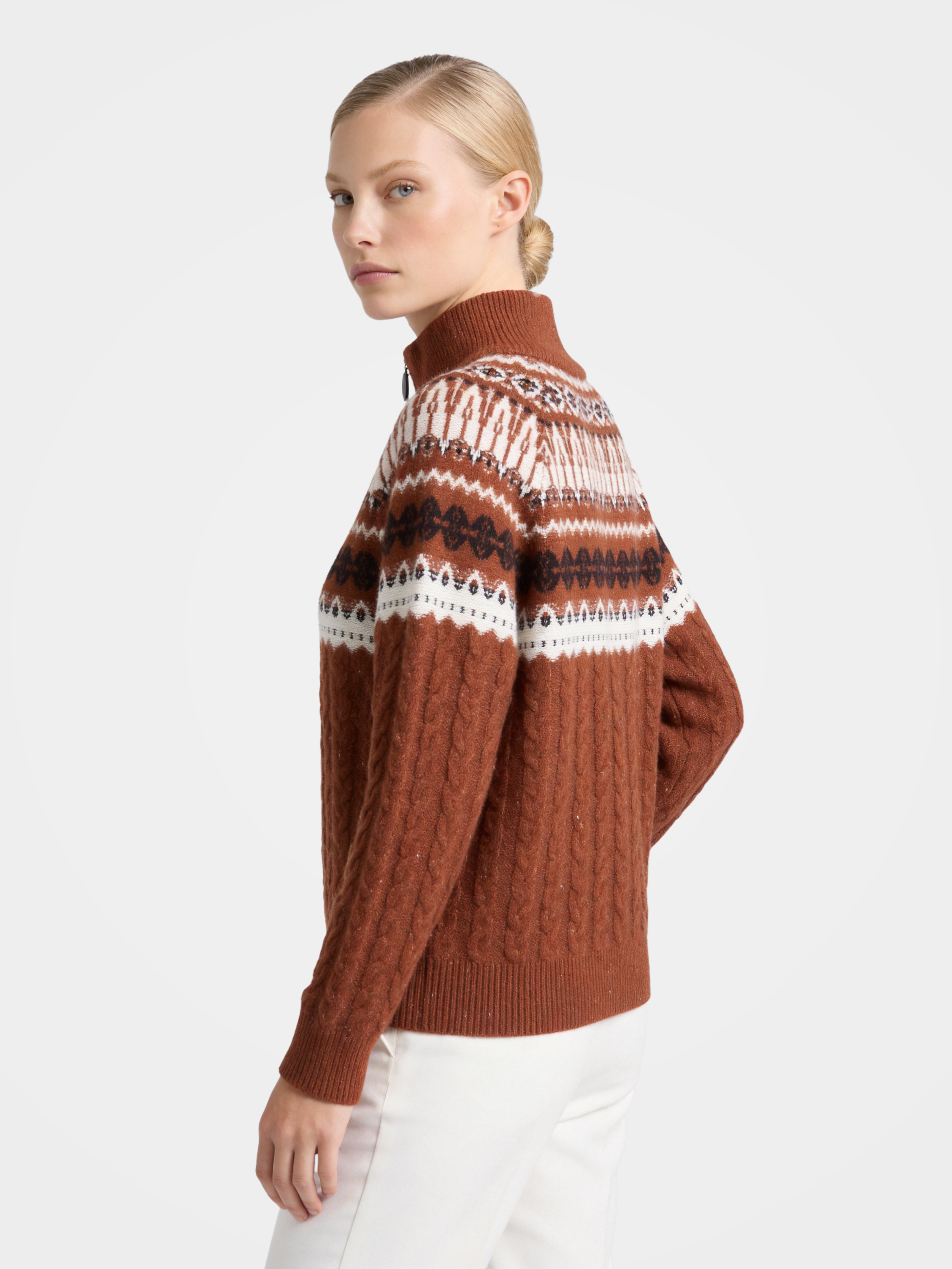 Pre-Order | 100% Cashmere Mock Neck Sweater Zip up Geometry Knit Pullover (10-14 Business Days)