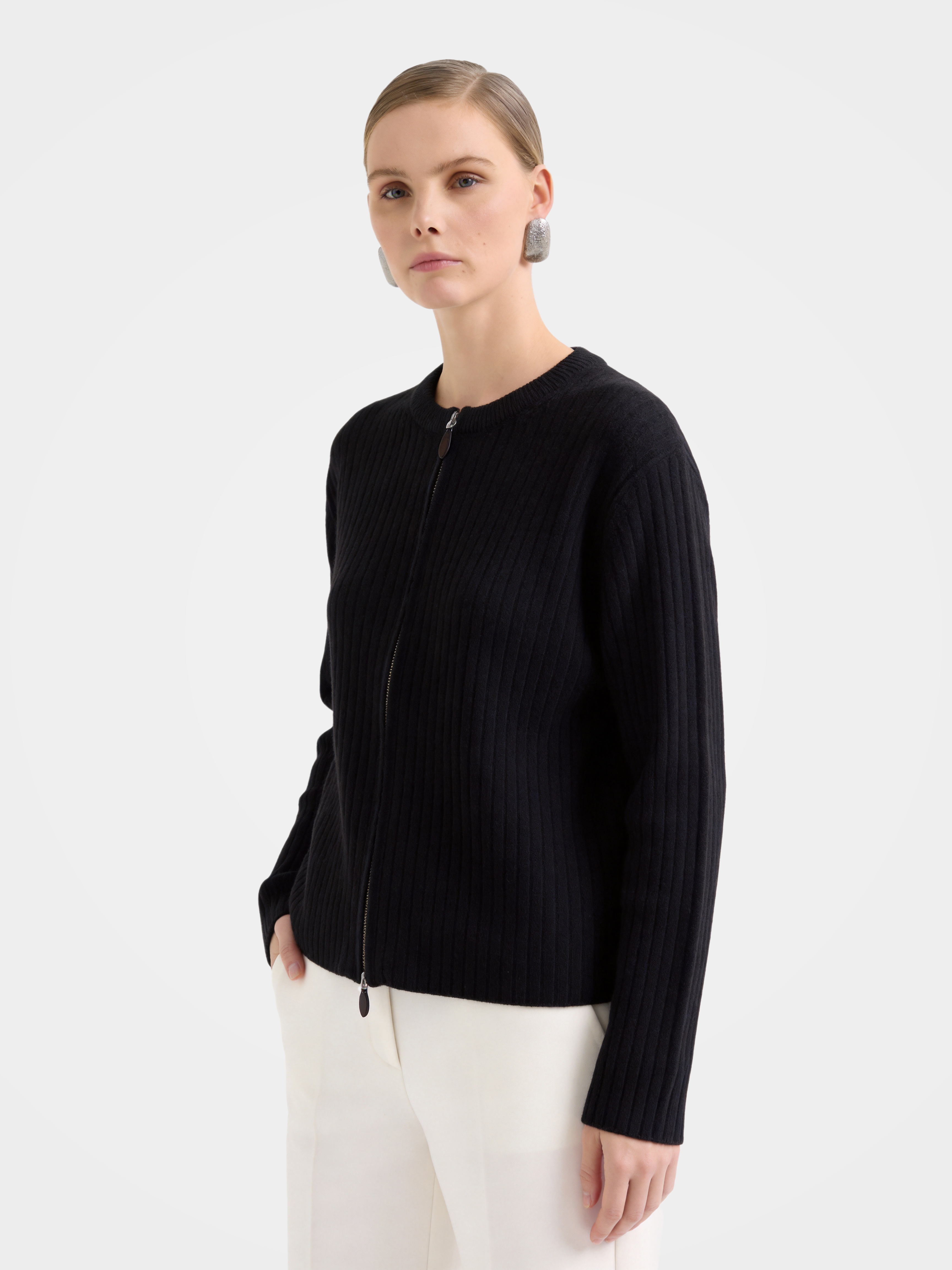 Textured 100% Mongolian Cashmere Knit Zip Cardigan