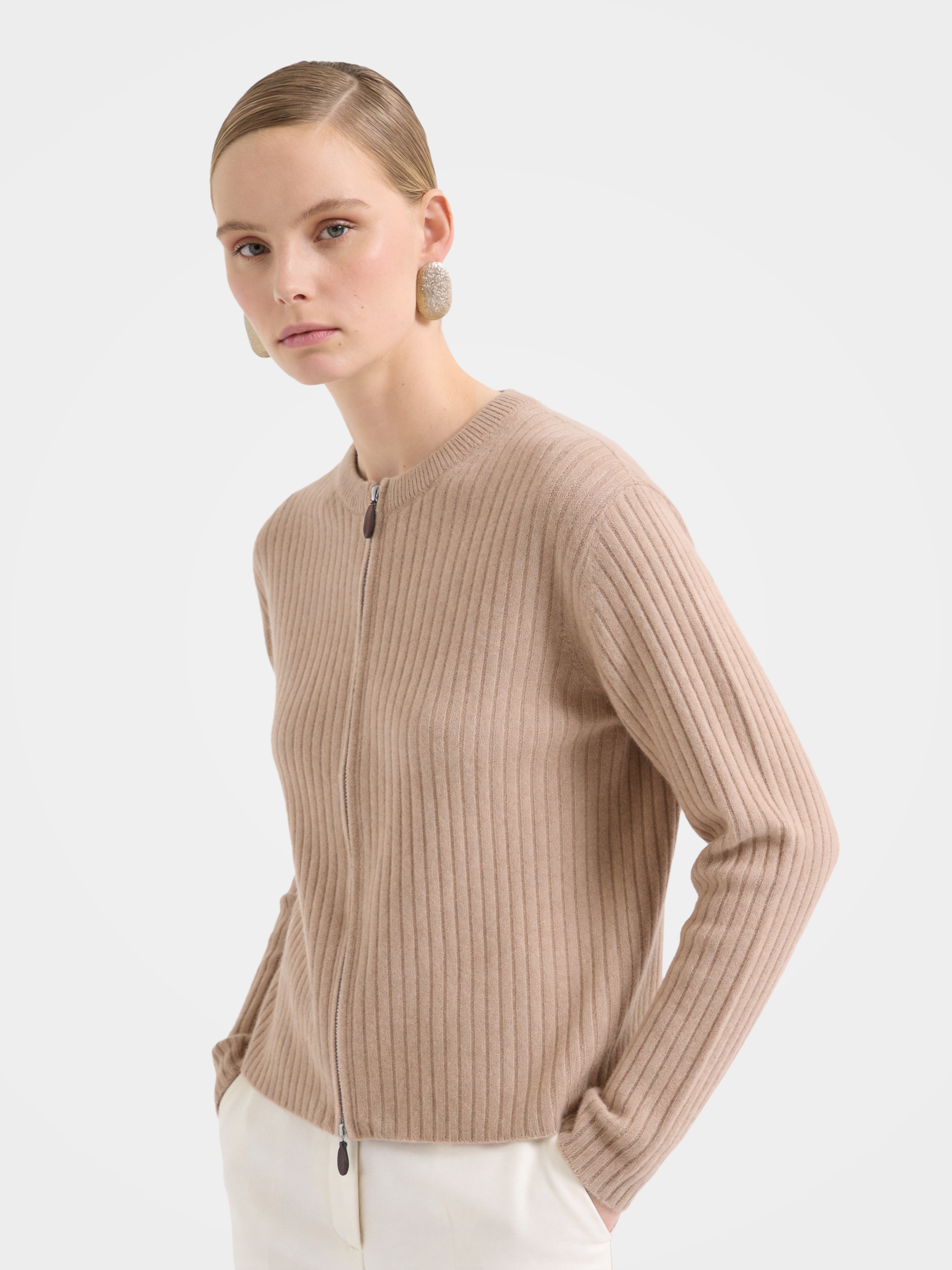 Textured 100% Mongolian Cashmere Knit Zip Cardigan
