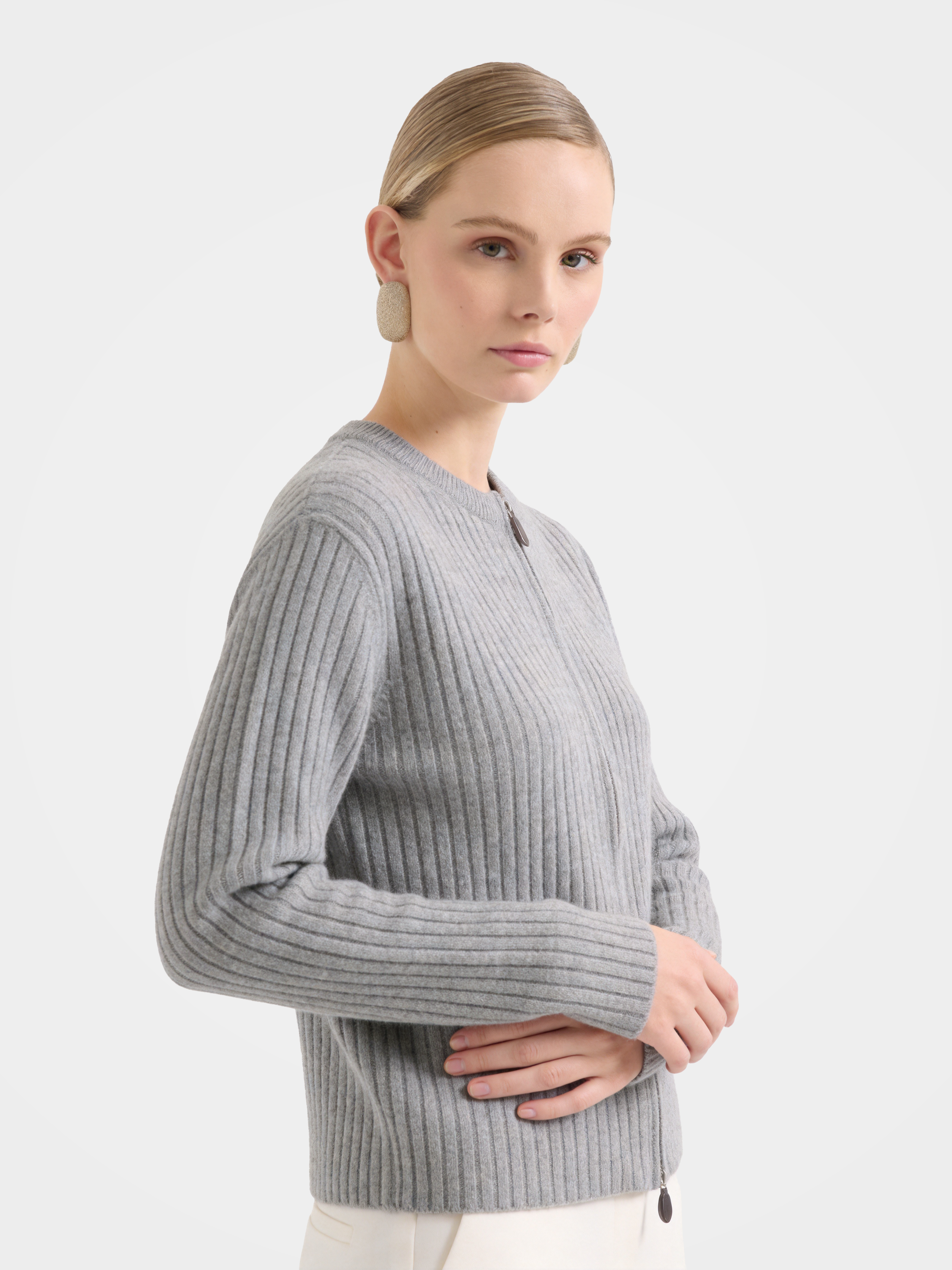 Textured 100% Mongolian Cashmere Knit Zip Cardigan