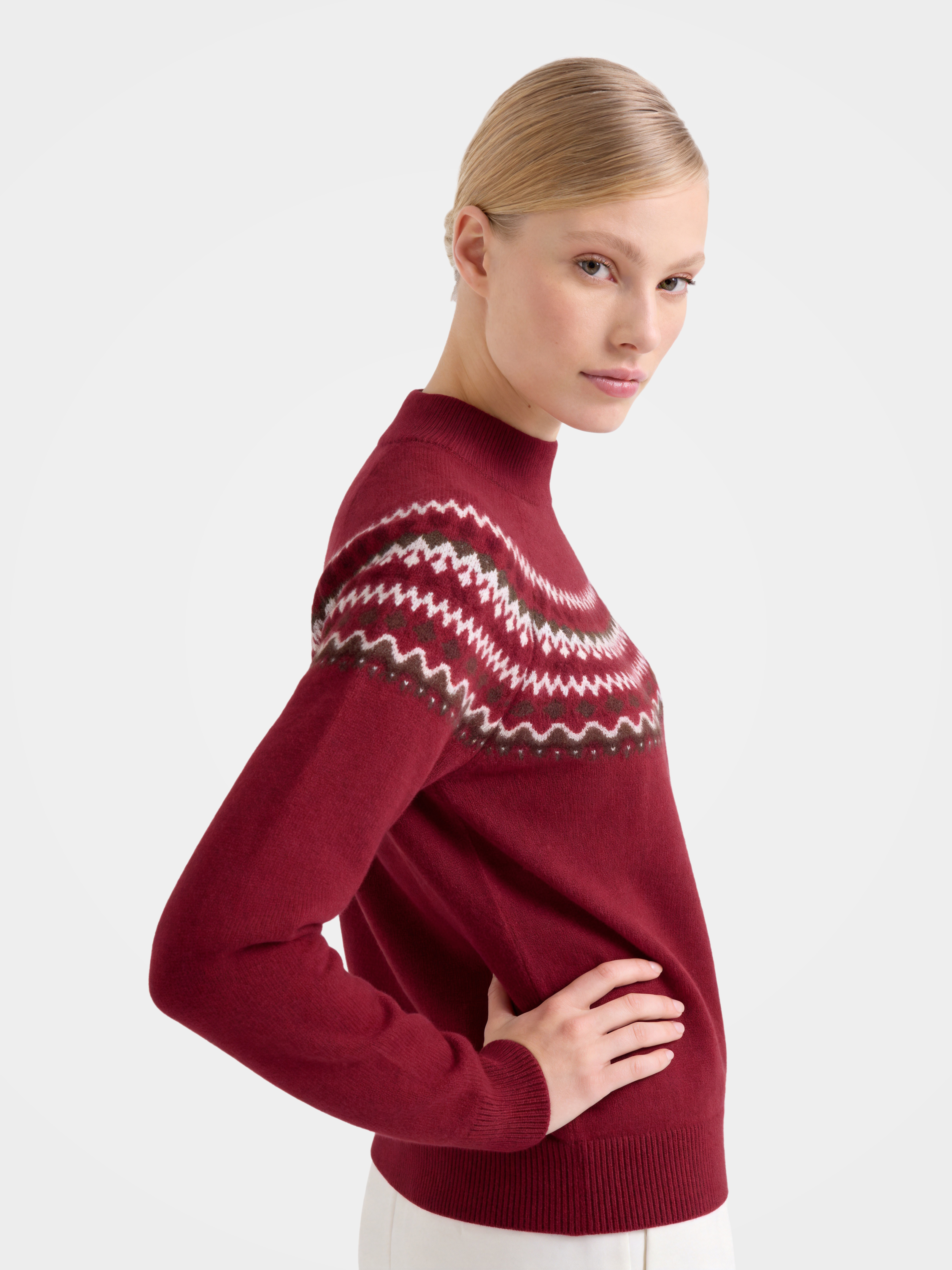 Wool Cashmere Mock Neck Sweater Soft Fair Isle Diamond Knit Pullover