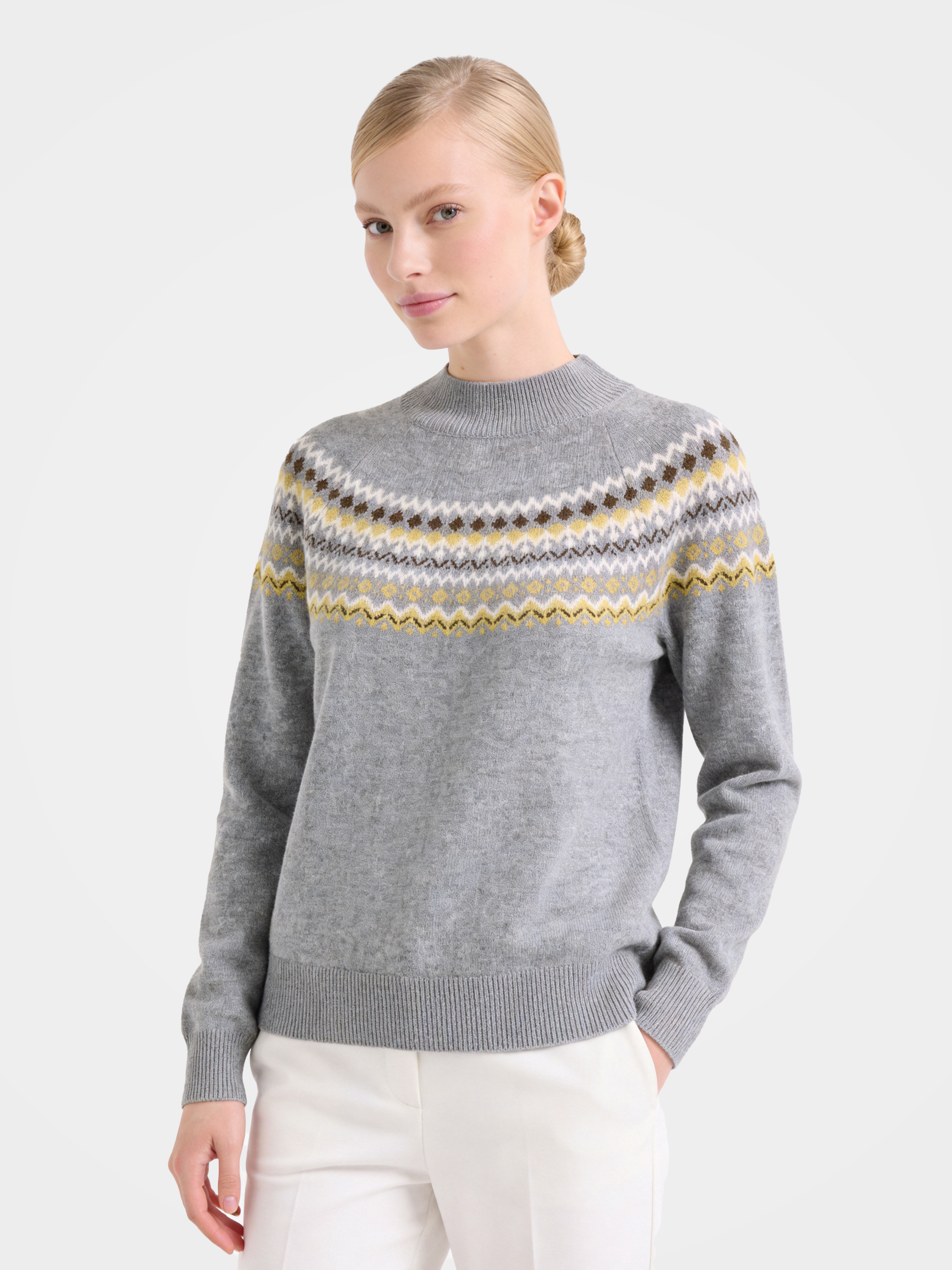 Wool Cashmere Mock Neck Sweater Soft Fair Isle Diamond Knit Pullover