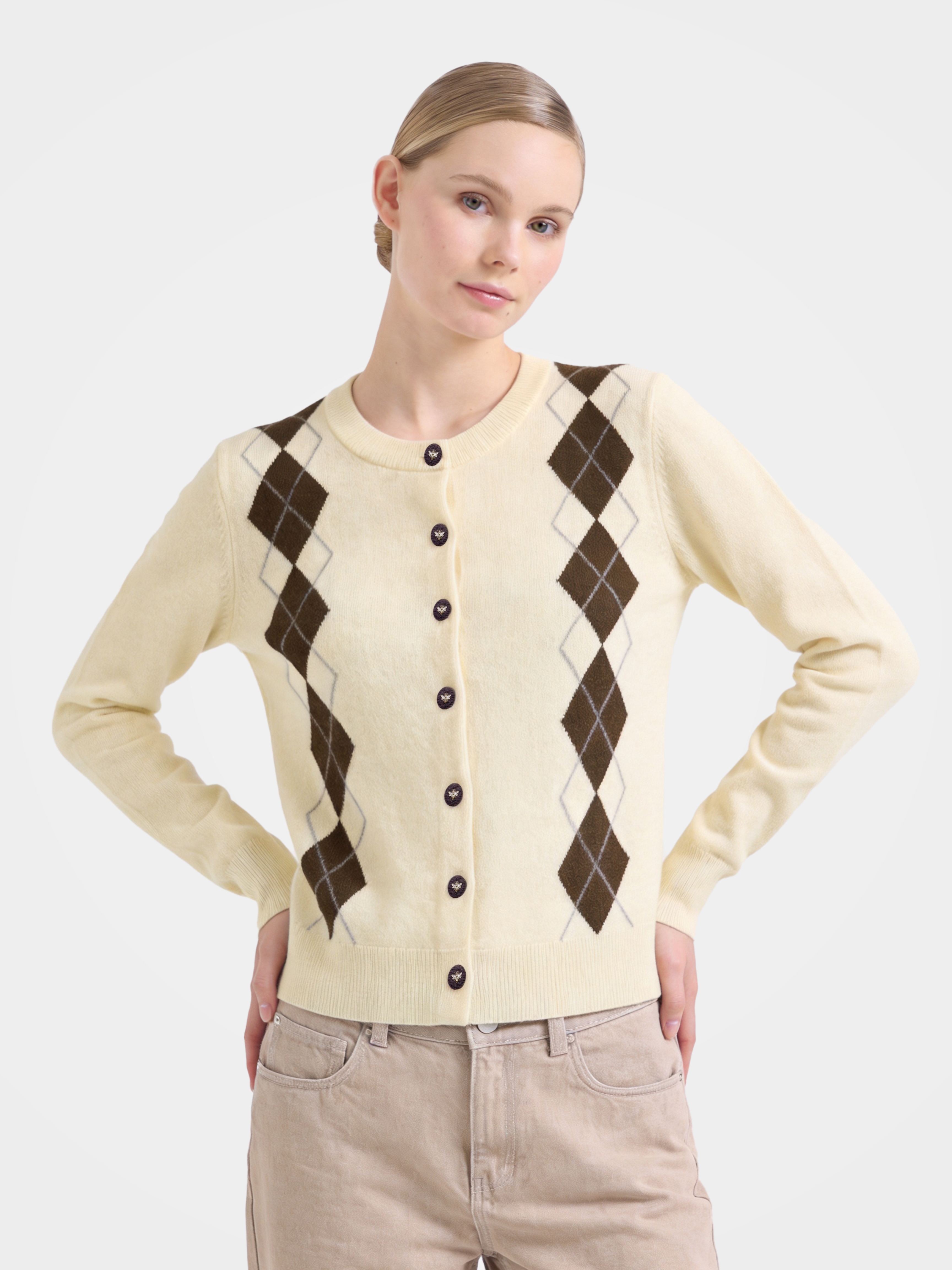 100% Cashmere Crew Neck Soft Knit Argyle Cardigan